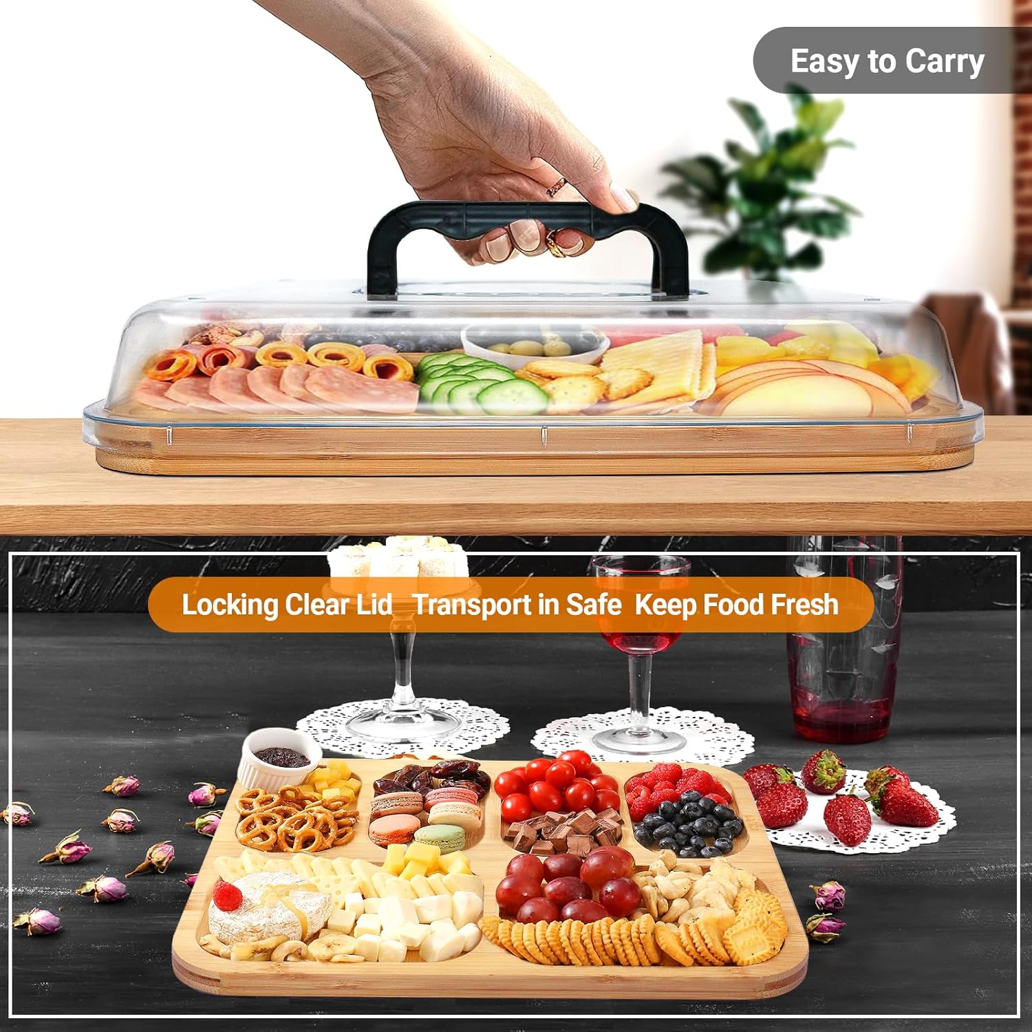 CARLA HOME Bamboo Charcuterie Board with Lid & Handle ideal Gift for Kitchen view 2