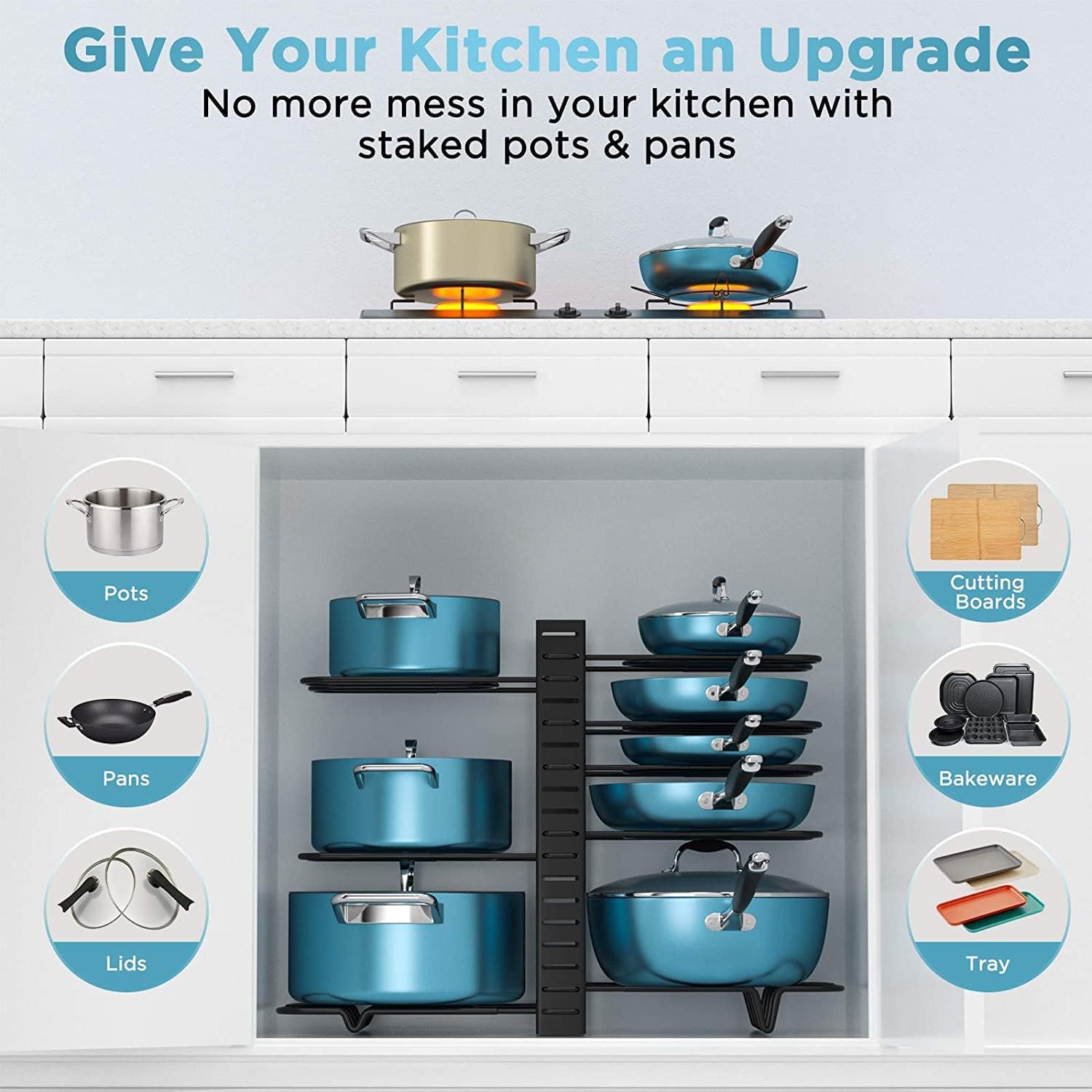 CARLA HOME Adjustable 8-Tier Pan Rack Pot Organizer for Kitchen Cabinet view 7