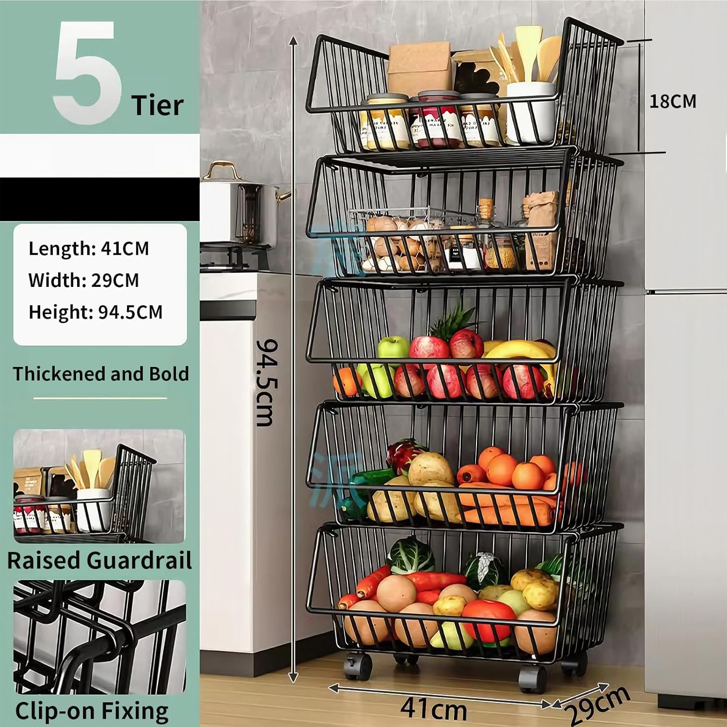 CARLA HOME Metal 5-Tier Rolling Vegetable and Fruit Basket Cart Stand for Kitchen view 2