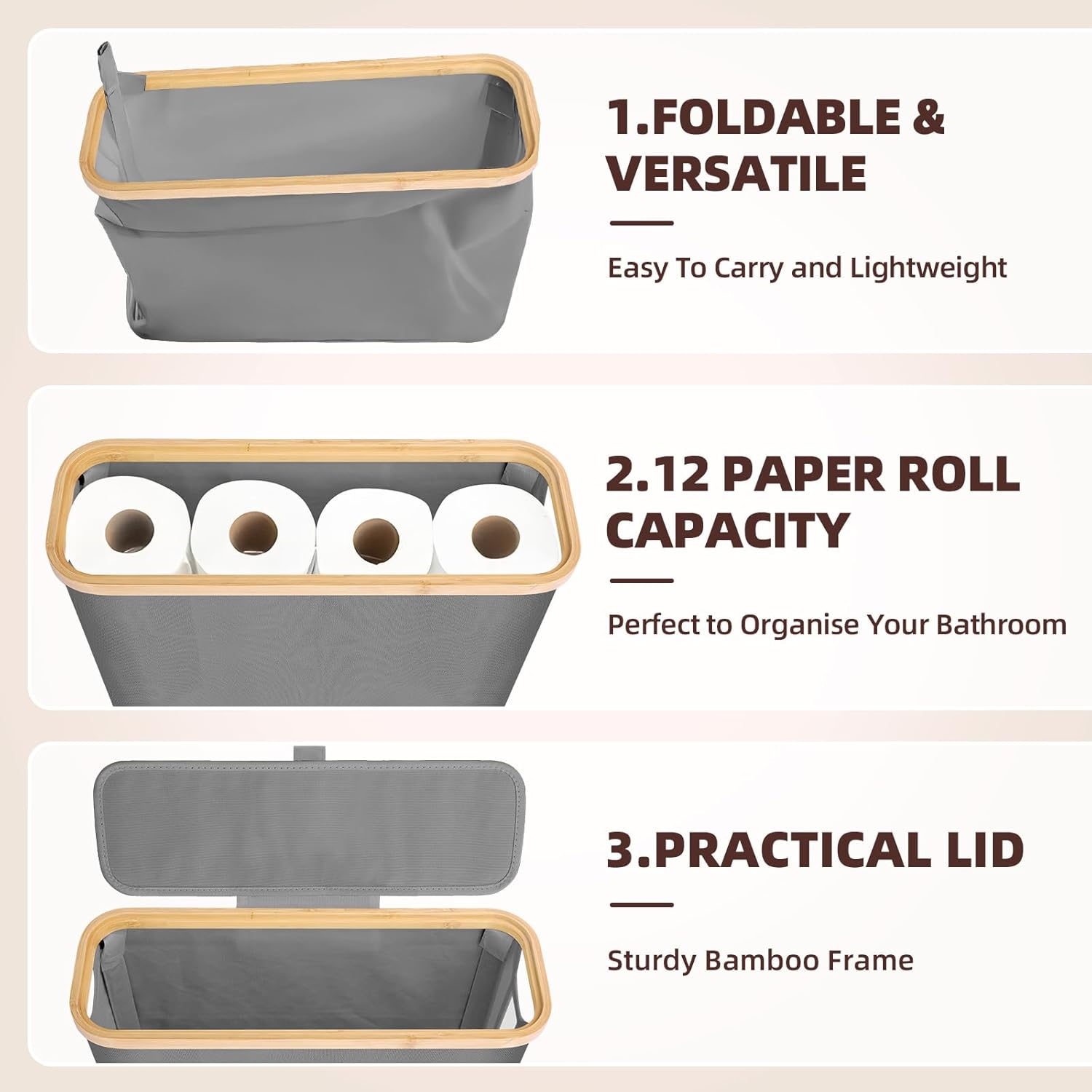 CARLA HOME Toilet Paper Storage Basket Holds Up to 12 Rolls with Bamboo Lid view 5
