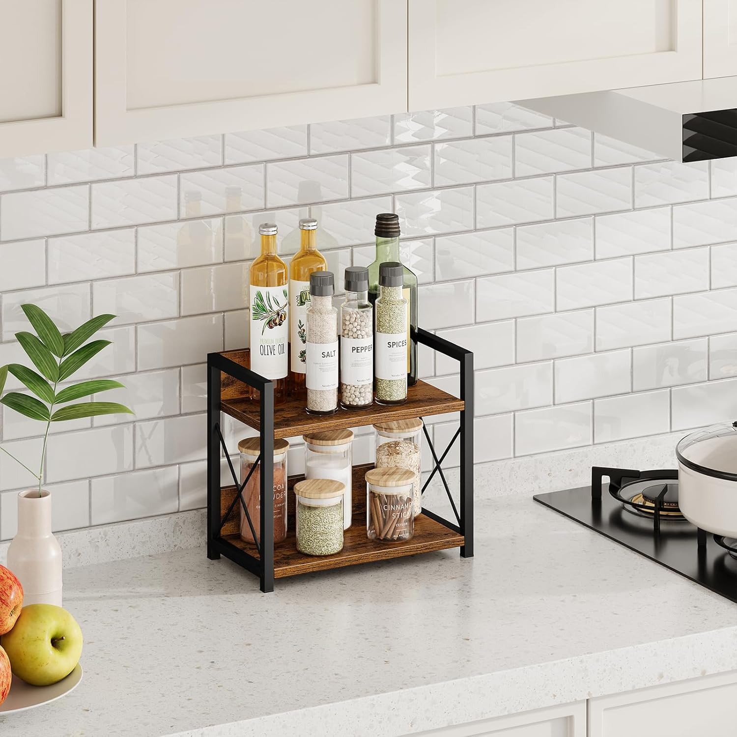 CARLA HOME 2-Tier Countertop Shelf Organizer Rustic Wood Kitchen Spice Rack view 3