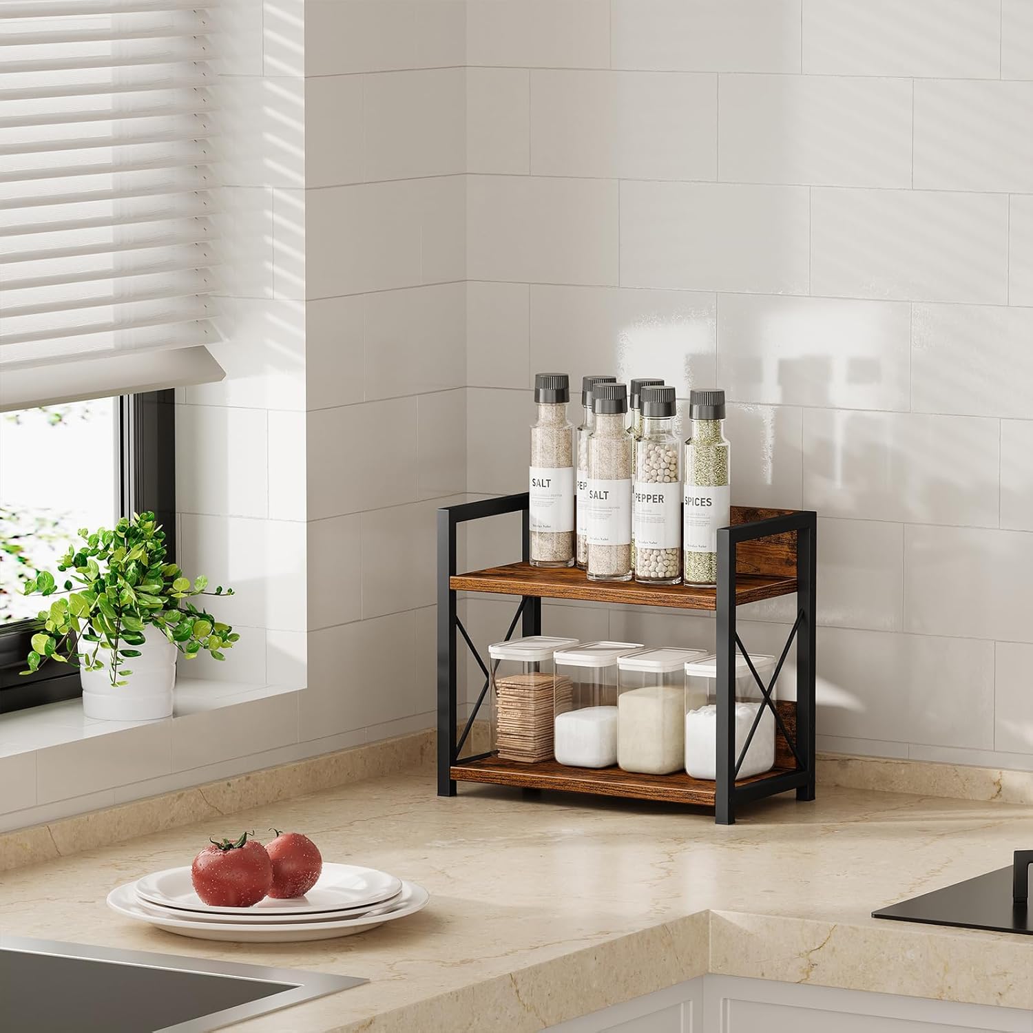 CARLA HOME 2-Tier Countertop Shelf Organizer Rustic Wood Kitchen Spice Rack view 6