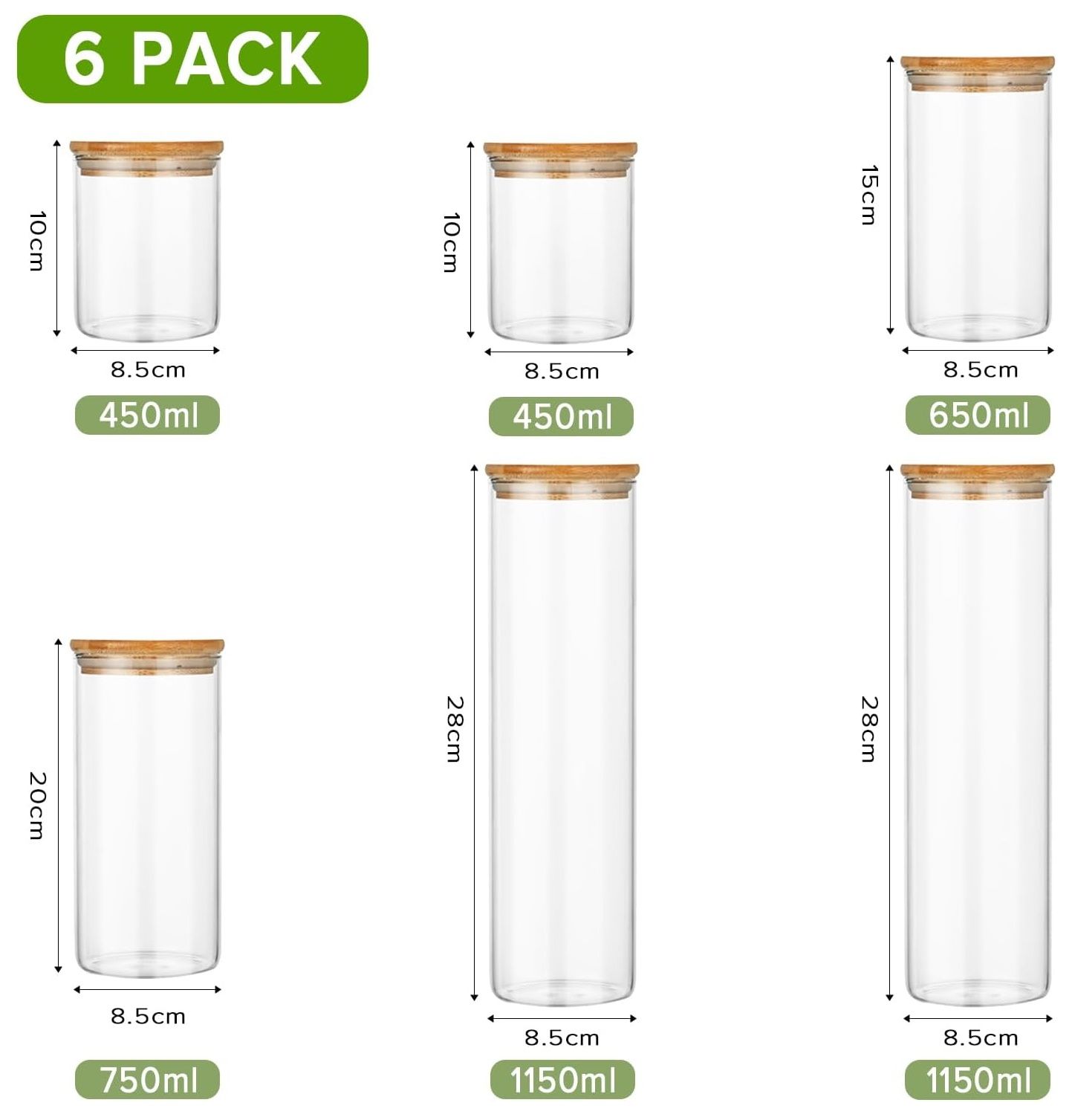 CARLA HOME 6 Pack Glass Storage Jars with Bamboo Lids for Kitchen Pantry view 2