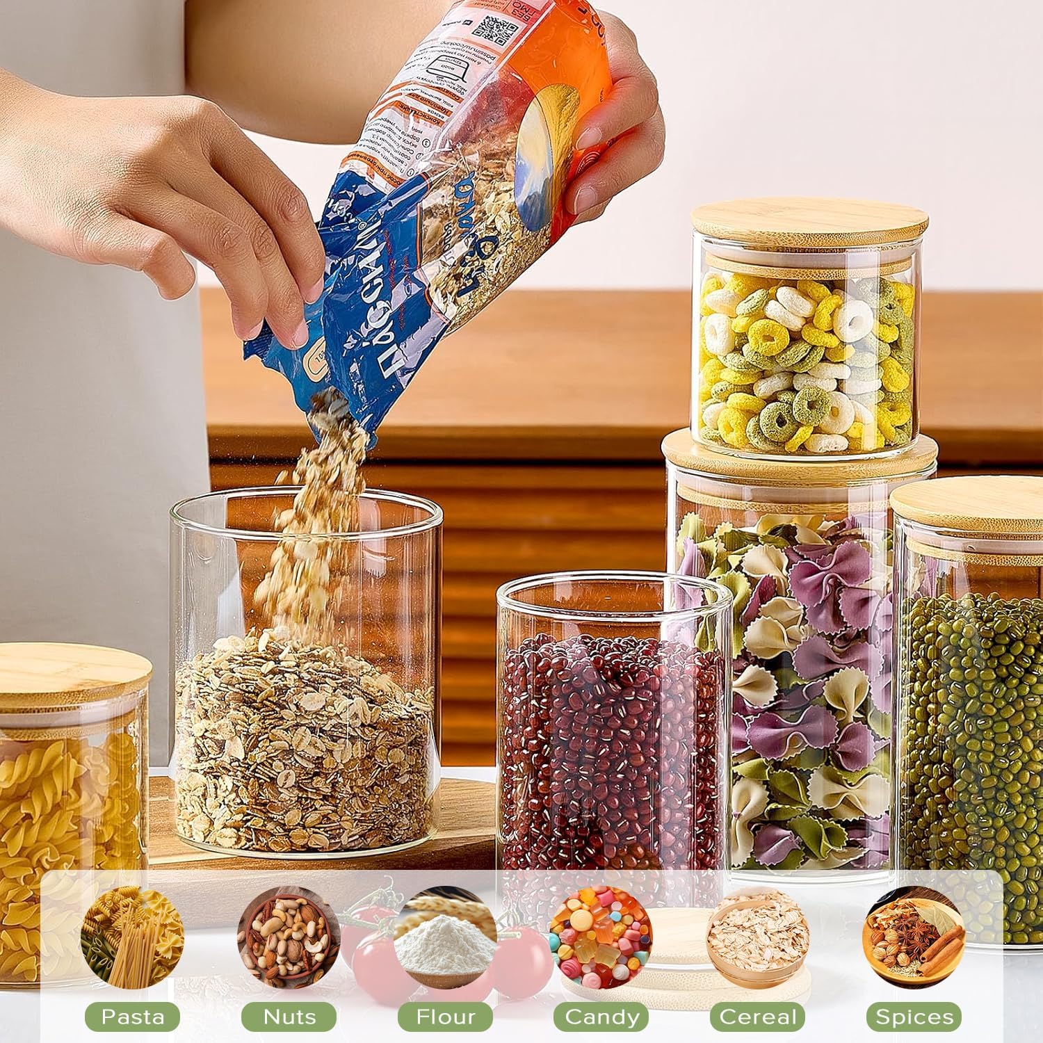 CARLA HOME 6 Pack Glass Storage Jars with Bamboo Lids for Kitchen Pantry view 5
