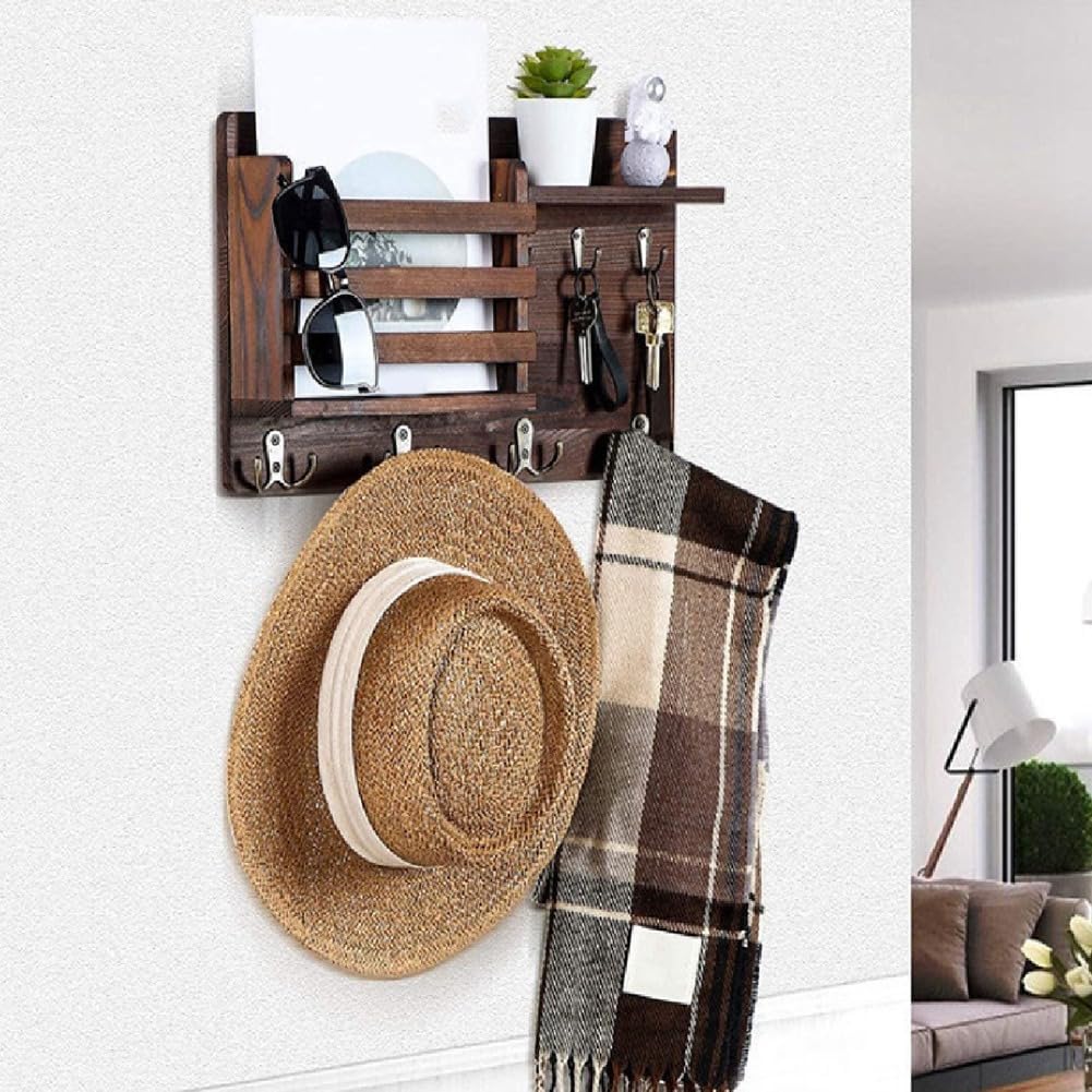 CARLA HOME Rustic Wood Wall Mounted Key and Mail Holder Organizer with Shelf view 2