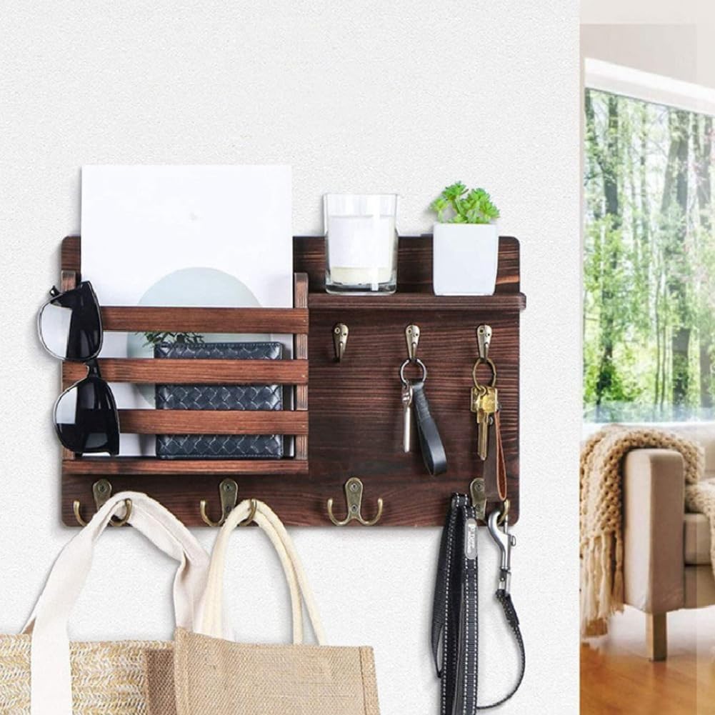 CARLA HOME Rustic Wood Wall Mounted Key and Mail Holder Organizer with Shelf view 3