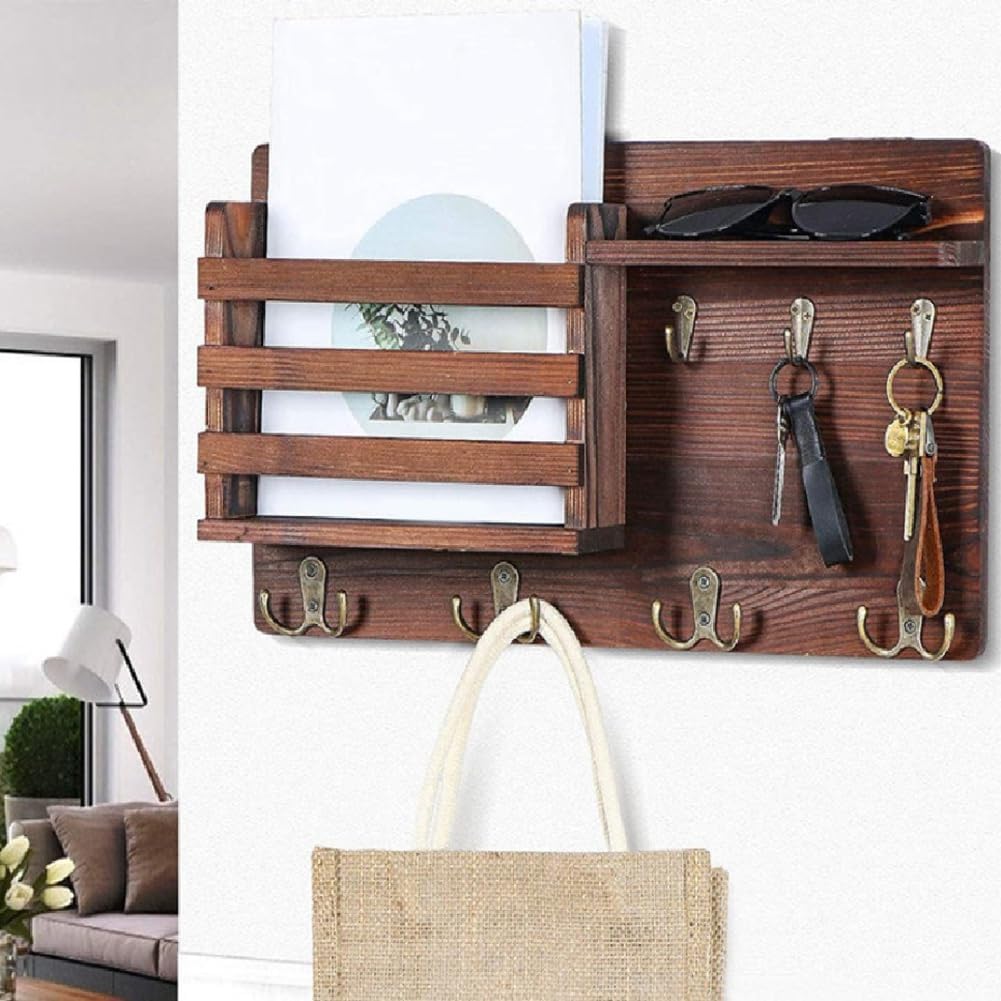 CARLA HOME Rustic Wood Wall Mounted Key and Mail Holder Organizer with Shelf view 4