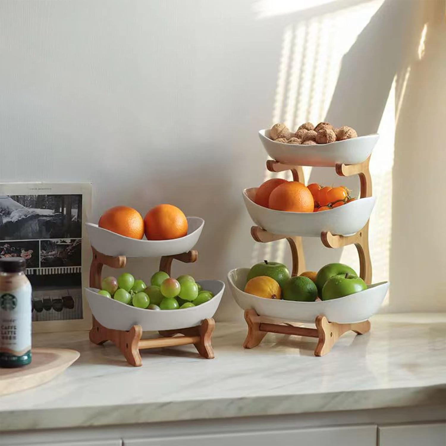 CARLA HOME 2-Tier Plastic Fruit Bowl Basket with Bamboo Stand for Kitchen Counter view 4