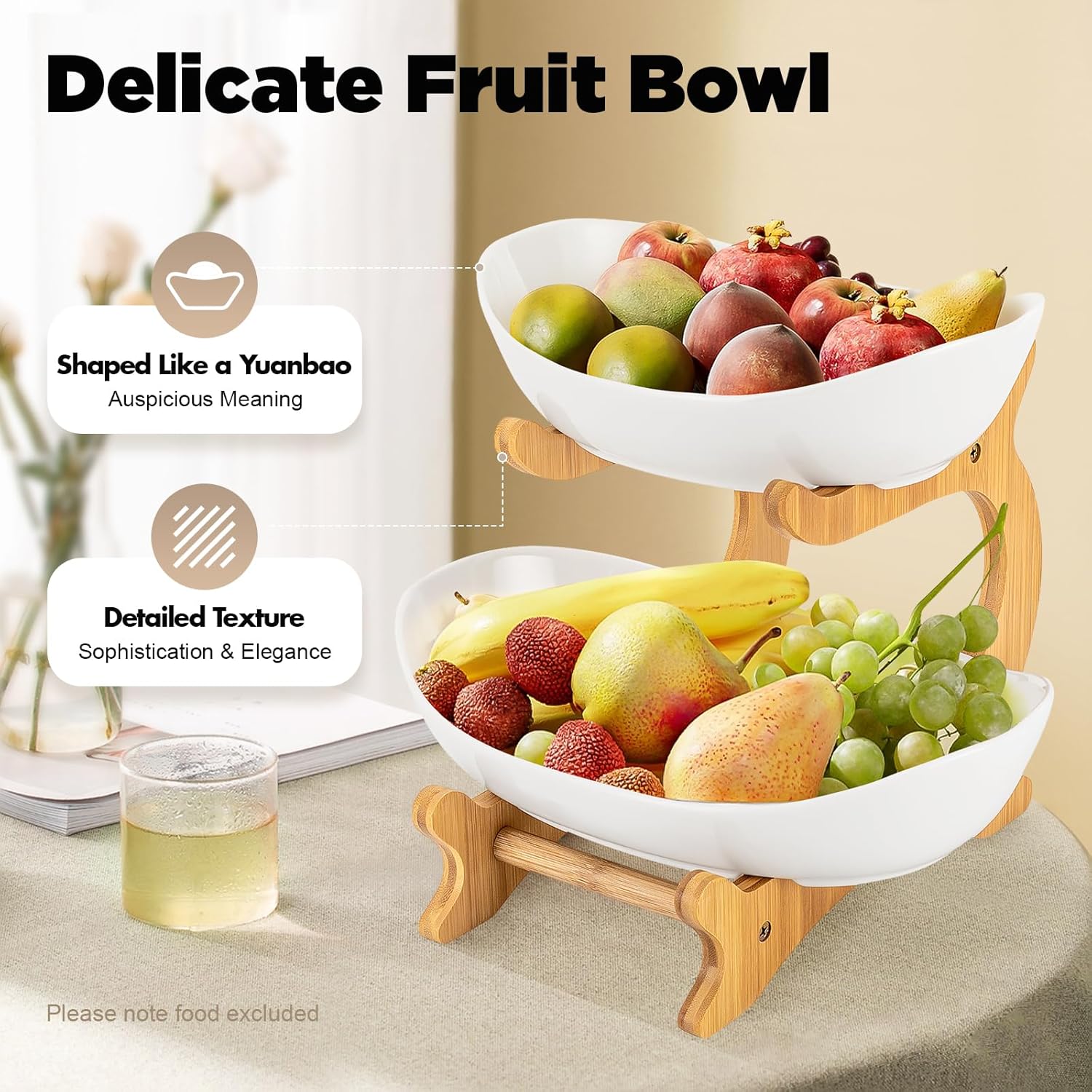 CARLA HOME 2-Tier Plastic Fruit Bowl Basket with Bamboo Stand for Kitchen Counter view 5