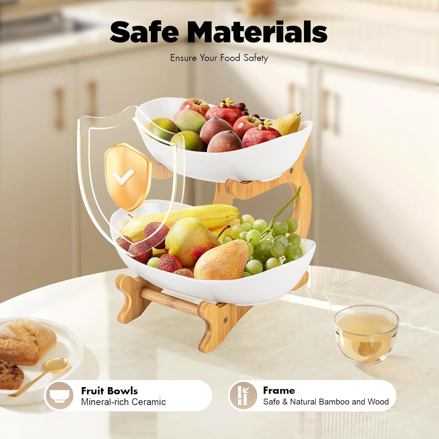CARLA HOME 2-Tier Plastic Fruit Bowl Basket with Bamboo Stand for Kitchen Counter view 7