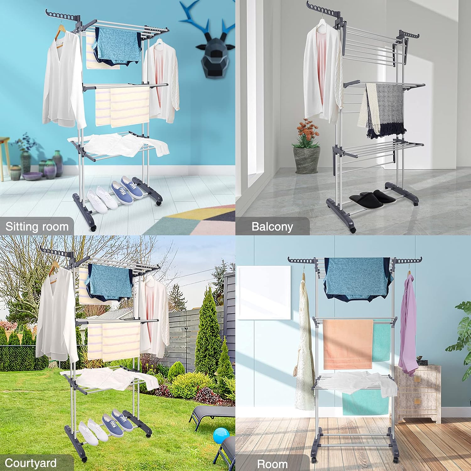CARLA HOME Folding Clothes Drying Rack with Wheels and Adjustable Side Wings view 3