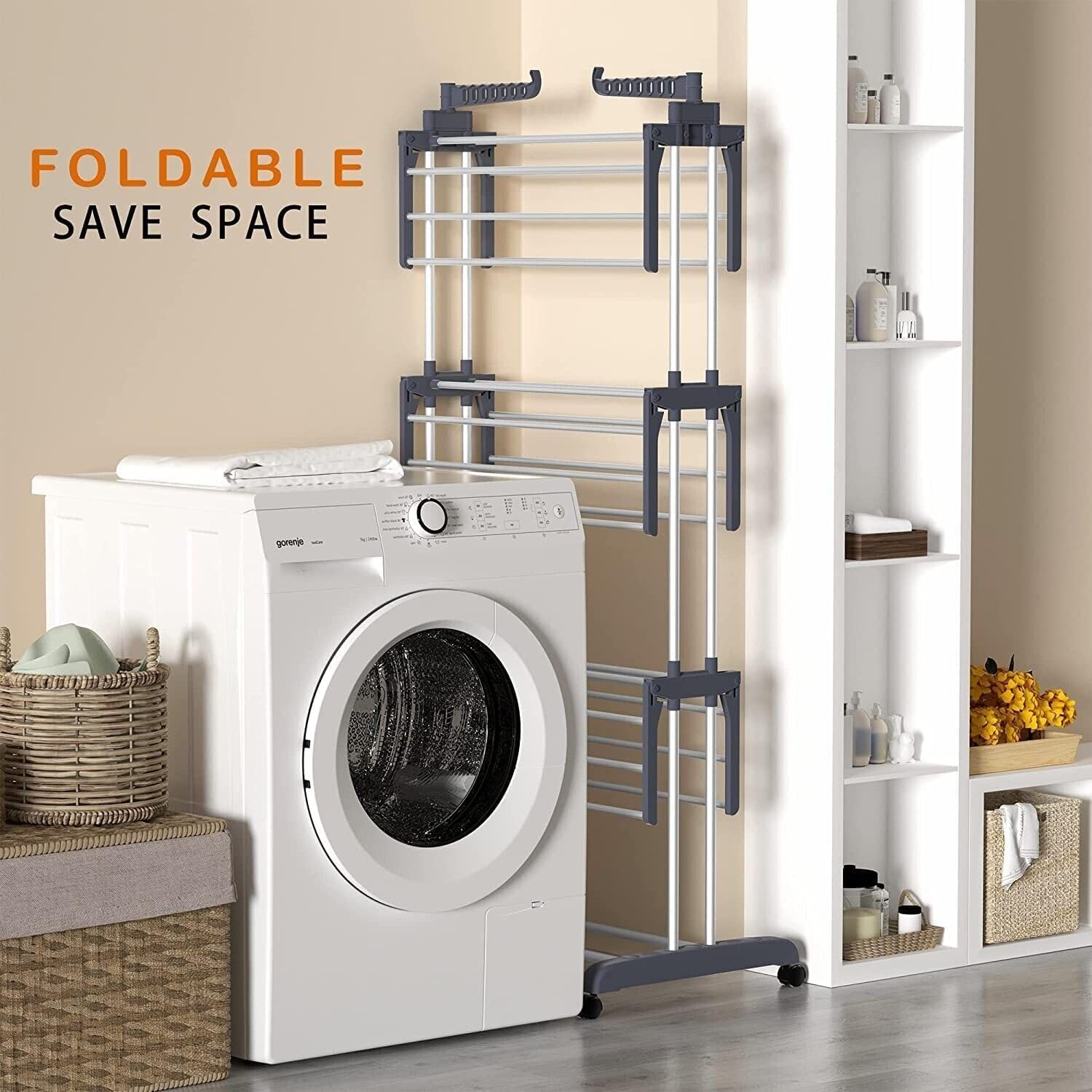CARLA HOME Folding Clothes Drying Rack with Wheels and Adjustable Side Wings view 4