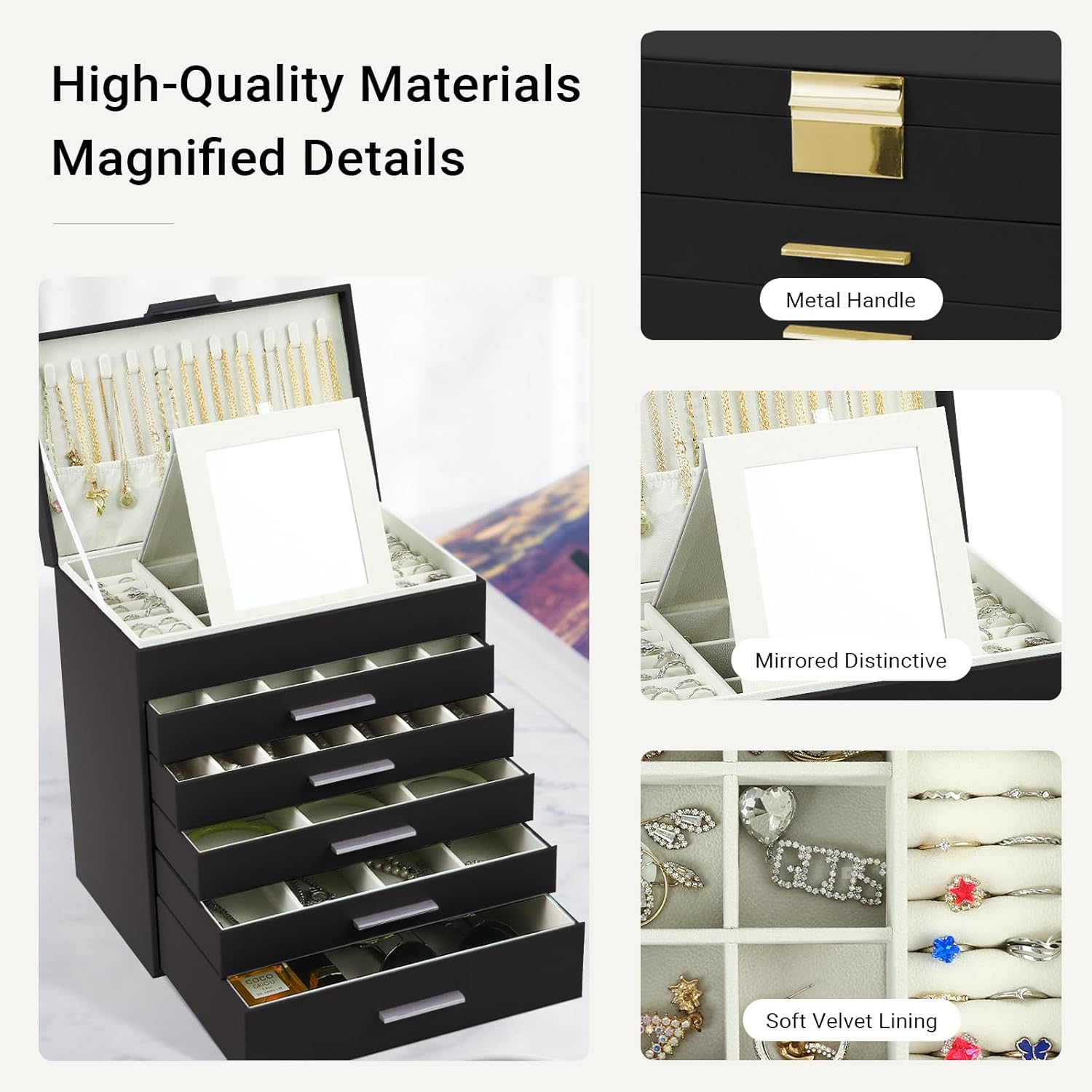 CARLA HOME 6-Layer Large Jewelry Organizer Box for Women with Mirror view 4