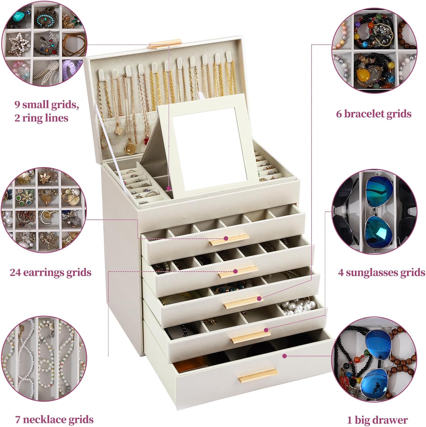 CARLA HOME 6-Layer Large Jewelry Organizer Box for Women with Mirror view 6