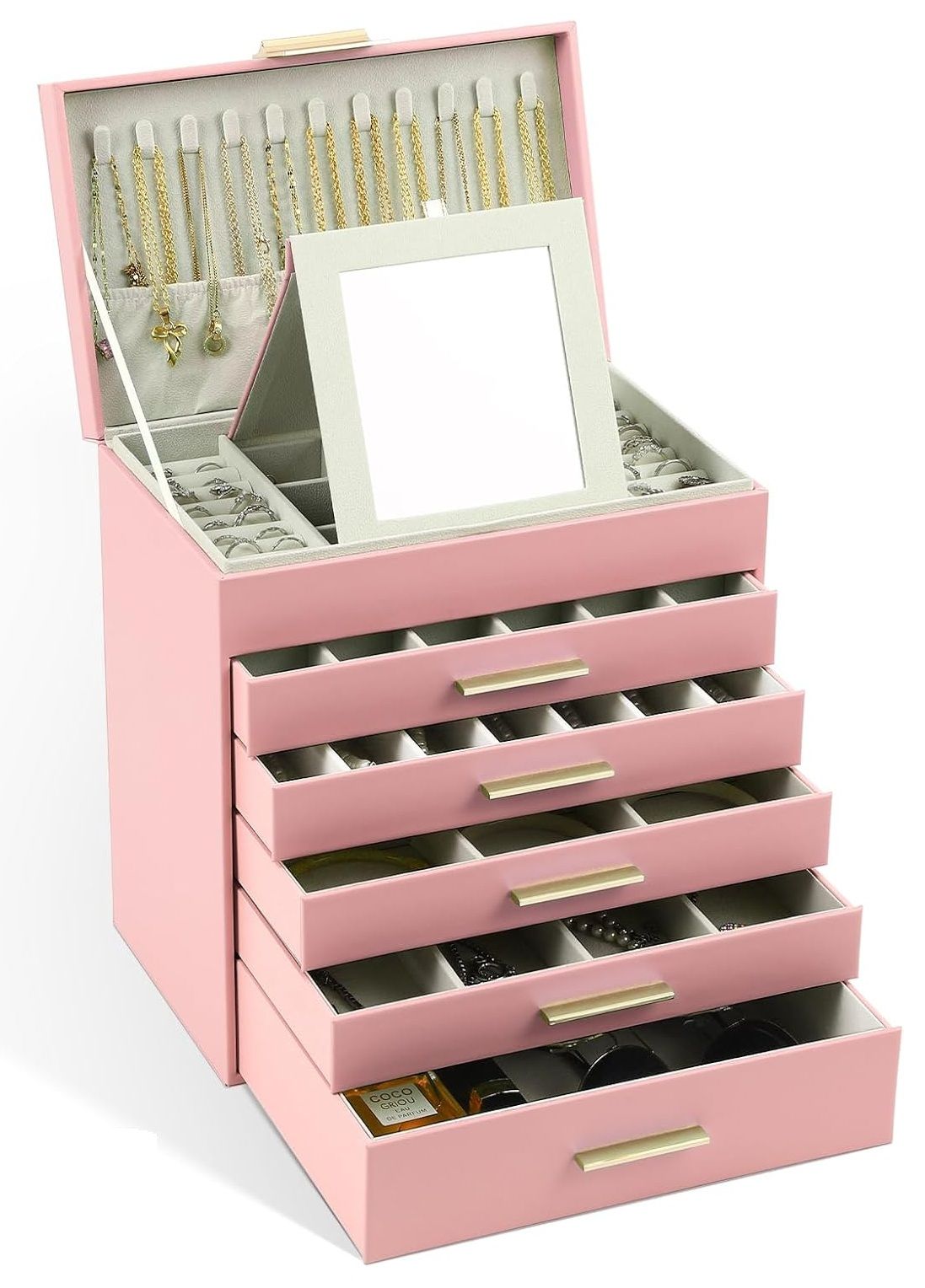 CARLA HOME 6-Layer Large Jewelry Organizer Box for Women with Mirror