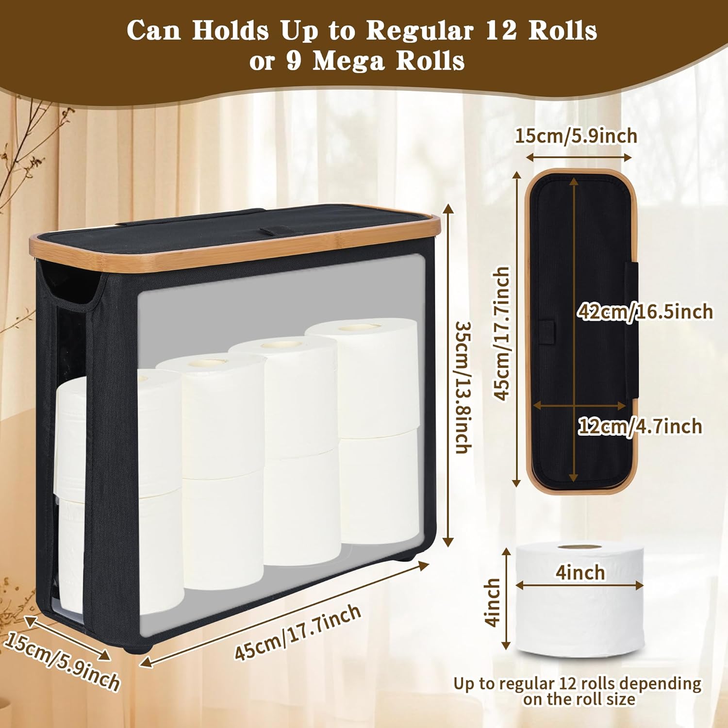 CARLA HOME 2 pack Toilet Paper Storage Basket Holds Up to 12 Rolls with Bamboo view 3