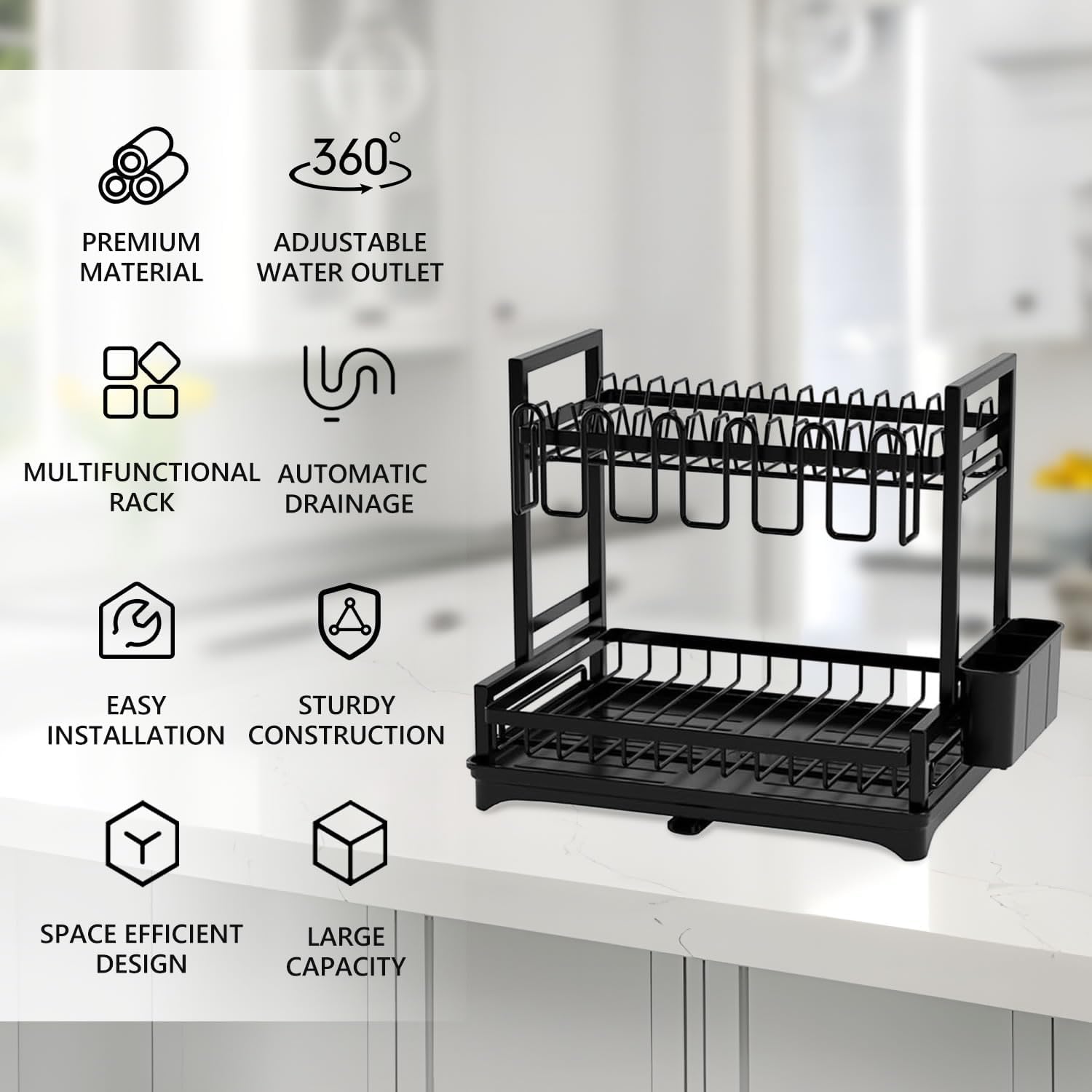 CARLA HOME Dish Drying Rack 2-Tier Kitchen Drainer with Drainboard view 3