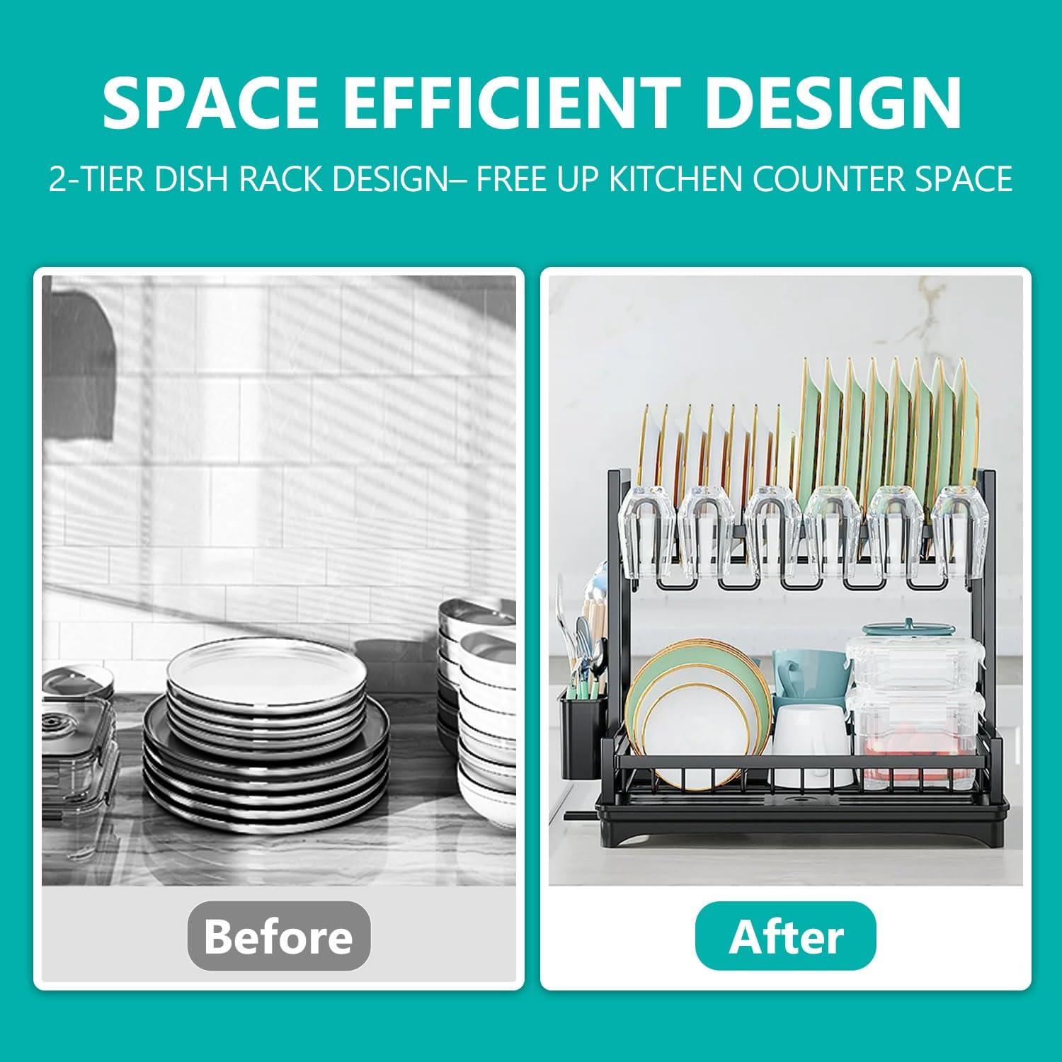 CARLA HOME Dish Drying Rack 2-Tier Kitchen Drainer with Drainboard view 7
