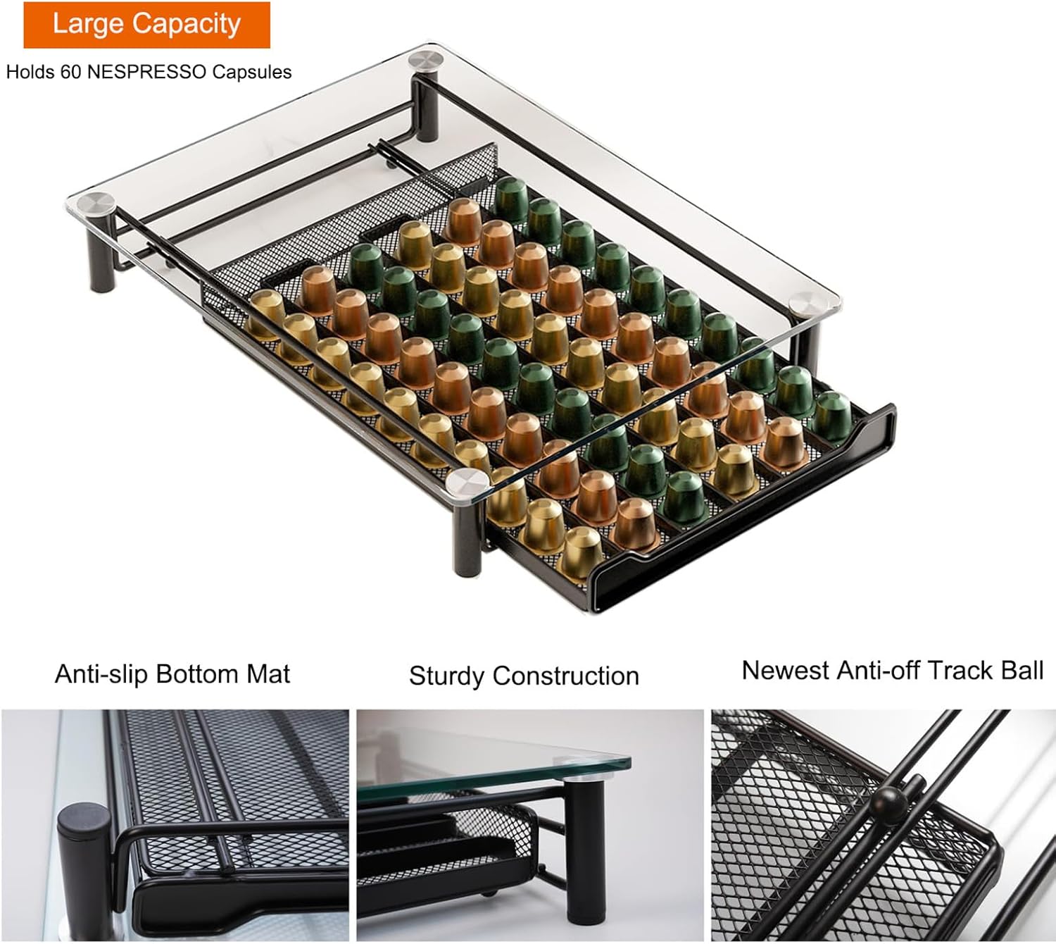 CARLA HOME 60 Coffee Pod Holder Drawer with Tempered Glass Capsule Organizer view 4