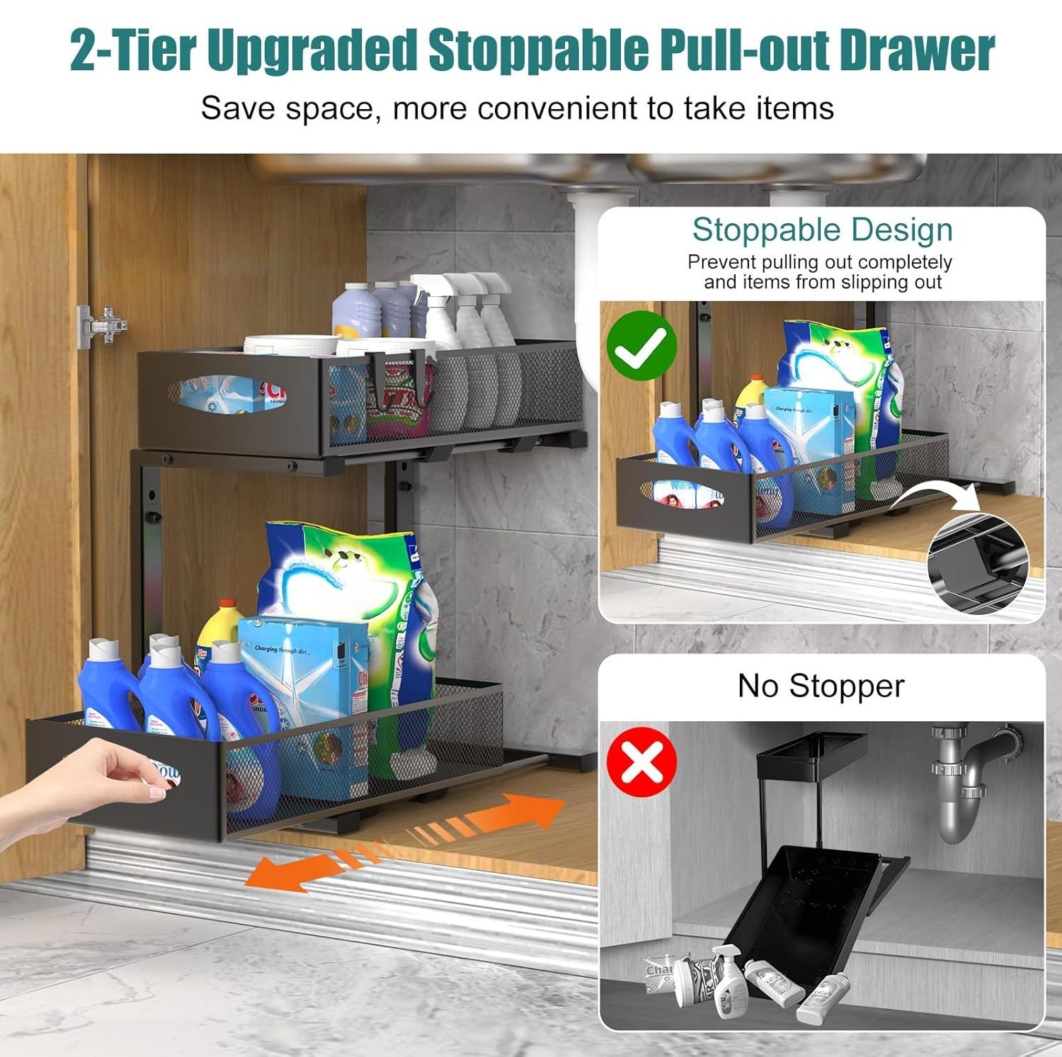 CARLA HOME 2 Tier Under Sink Organizer Pull Out Sliding Cabinet Storage Shelf view 3