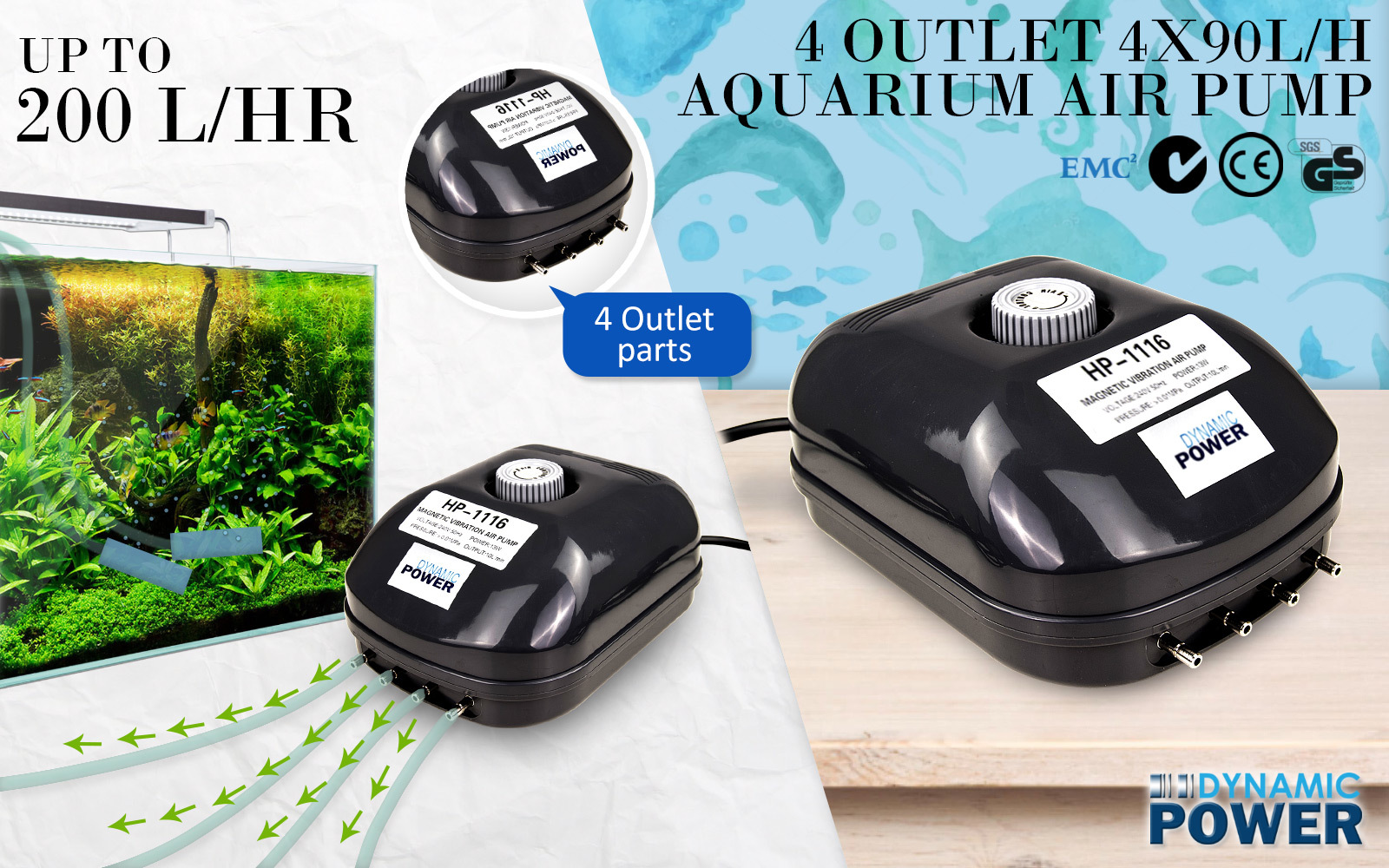 Aquarium Air Pump Oxygen Hydroponic 4 Outlet 360L/H 13W view 2