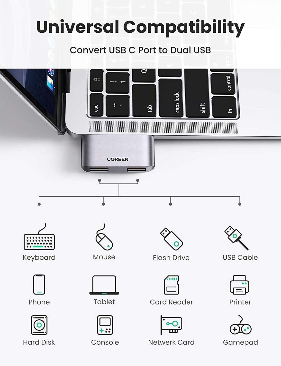UGREEN 10912 USB-C to USB 3.0 x2 Adapter view 4