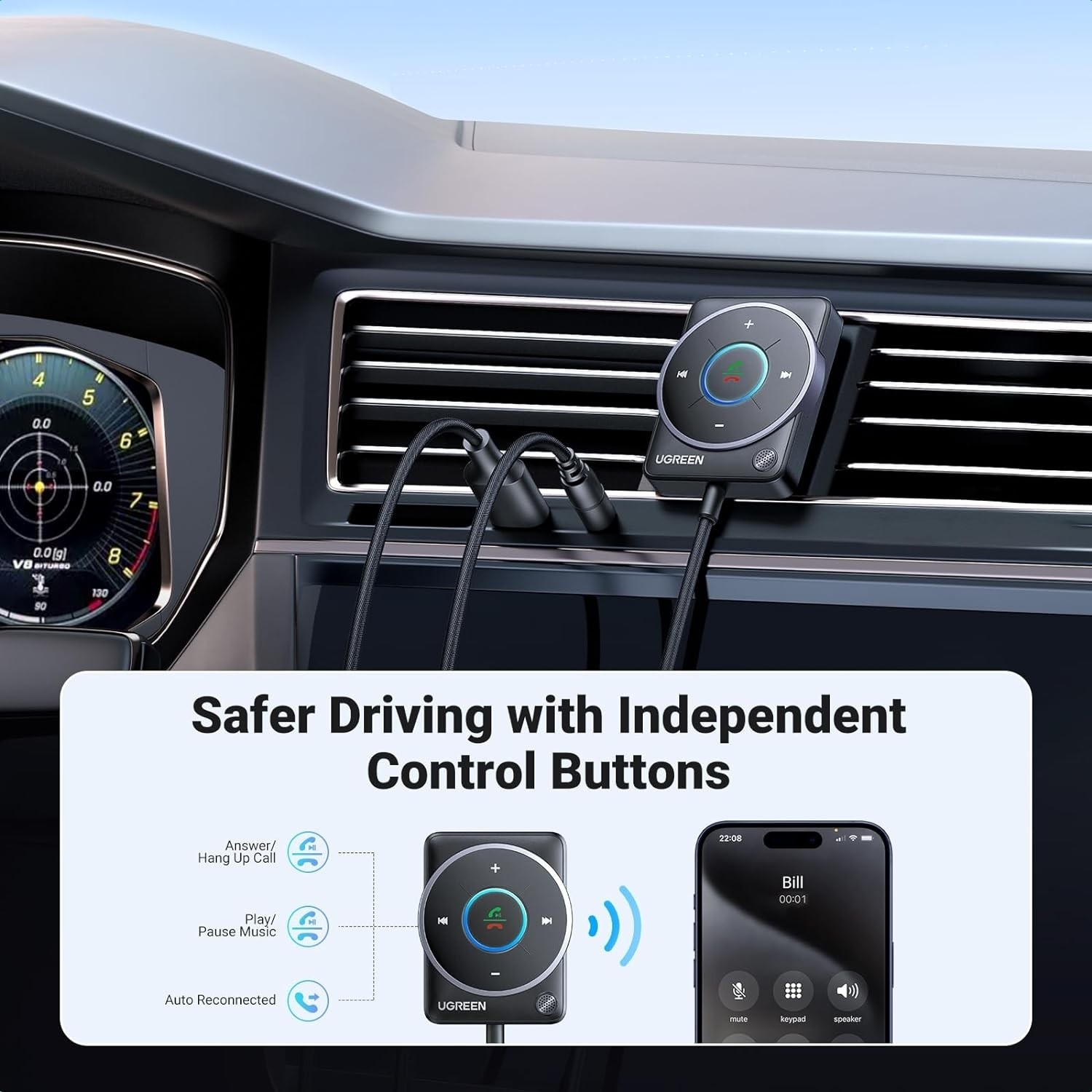 UGREEN 35002 Bluetooth 5.4 Aux Car Adapter (Enhanced Connection & Noise view 5