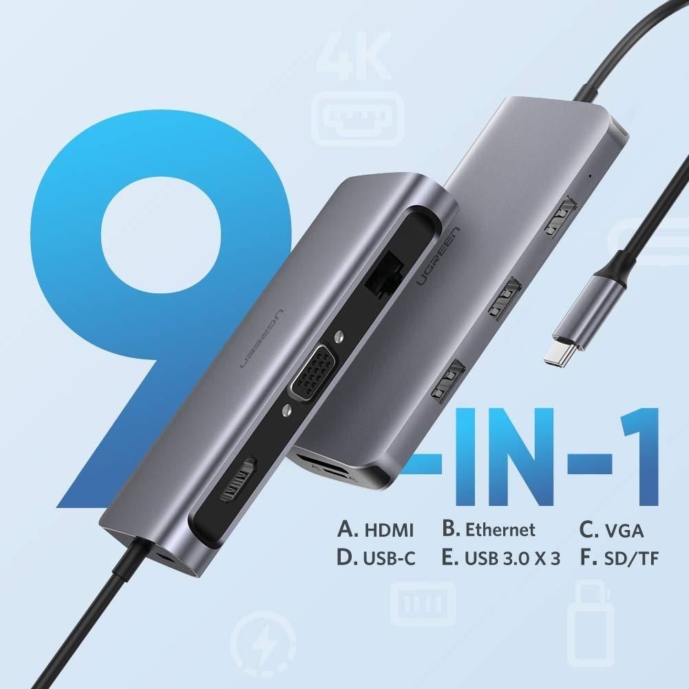 UGREEN Type C 9 in 1 Multifunction Adapter- HDMI/ VGA/Gigabit/TypeC/USB3.0 x