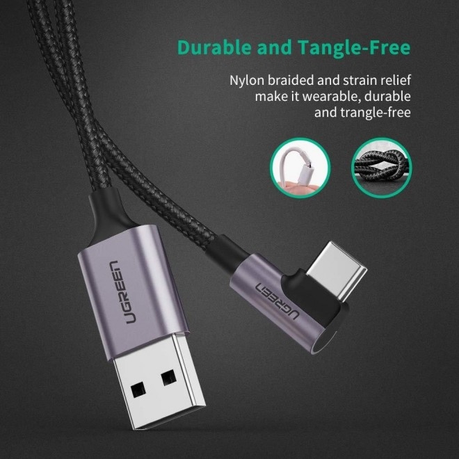 UGREEN USB-C to Angled USB2.0-C Round Cable M/M Aluminum Shell Nickel Plating view 3