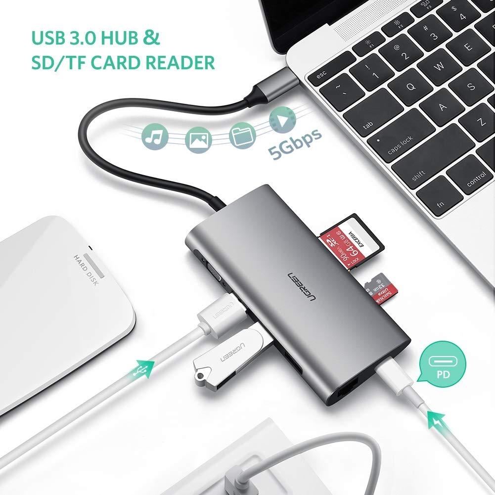 UGREEN Type C 8 in 1 Multifultion adaptor VGA/RJ45/USB3.0 x 3/SD/TF/TypeC PD