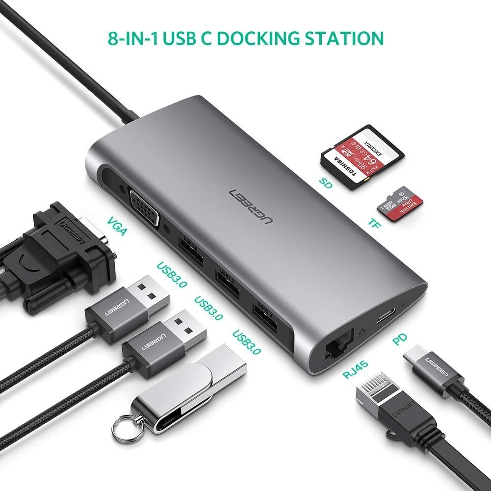 UGREEN Type C 8 in 1 Multifultion adaptor VGA/RJ45/USB3.0 x 3/SD/TF/TypeC PD view 3