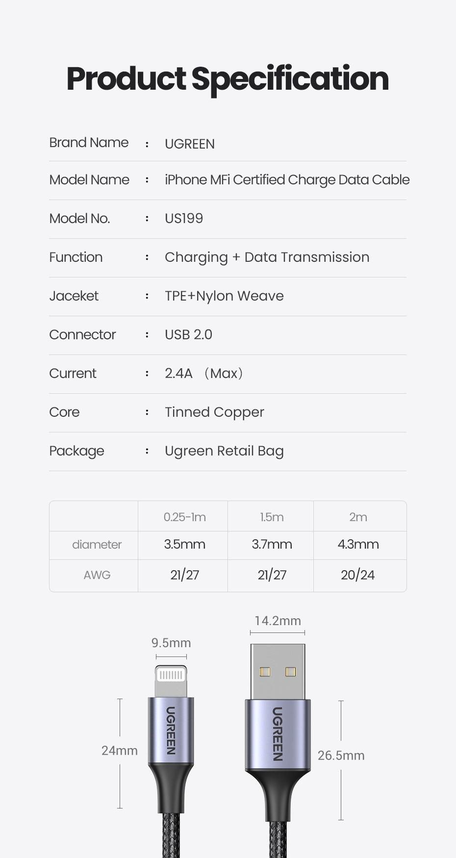 UGREEN 60158 USB-A to 8-pin iPhone Charging Cable 2M Black view 9