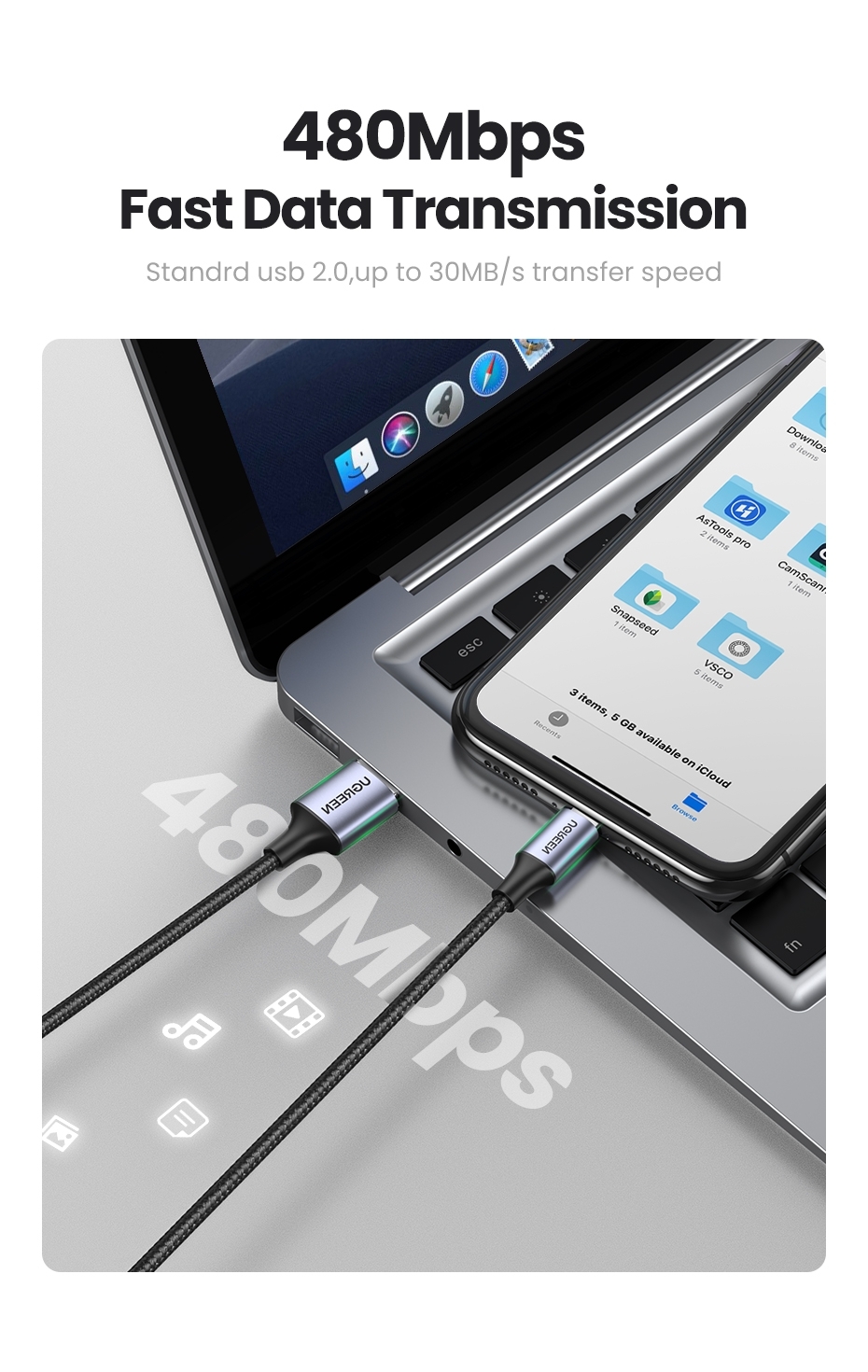 UGREEN 60163 USB-A to 8-pin iPhone Charging Cable 2M Silver view 5
