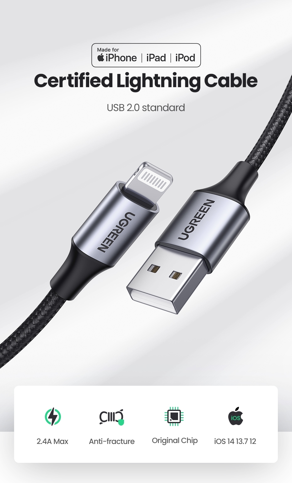 UGREEN 60163 USB-A to 8-pin iPhone Charging Cable 2M Silver view 7