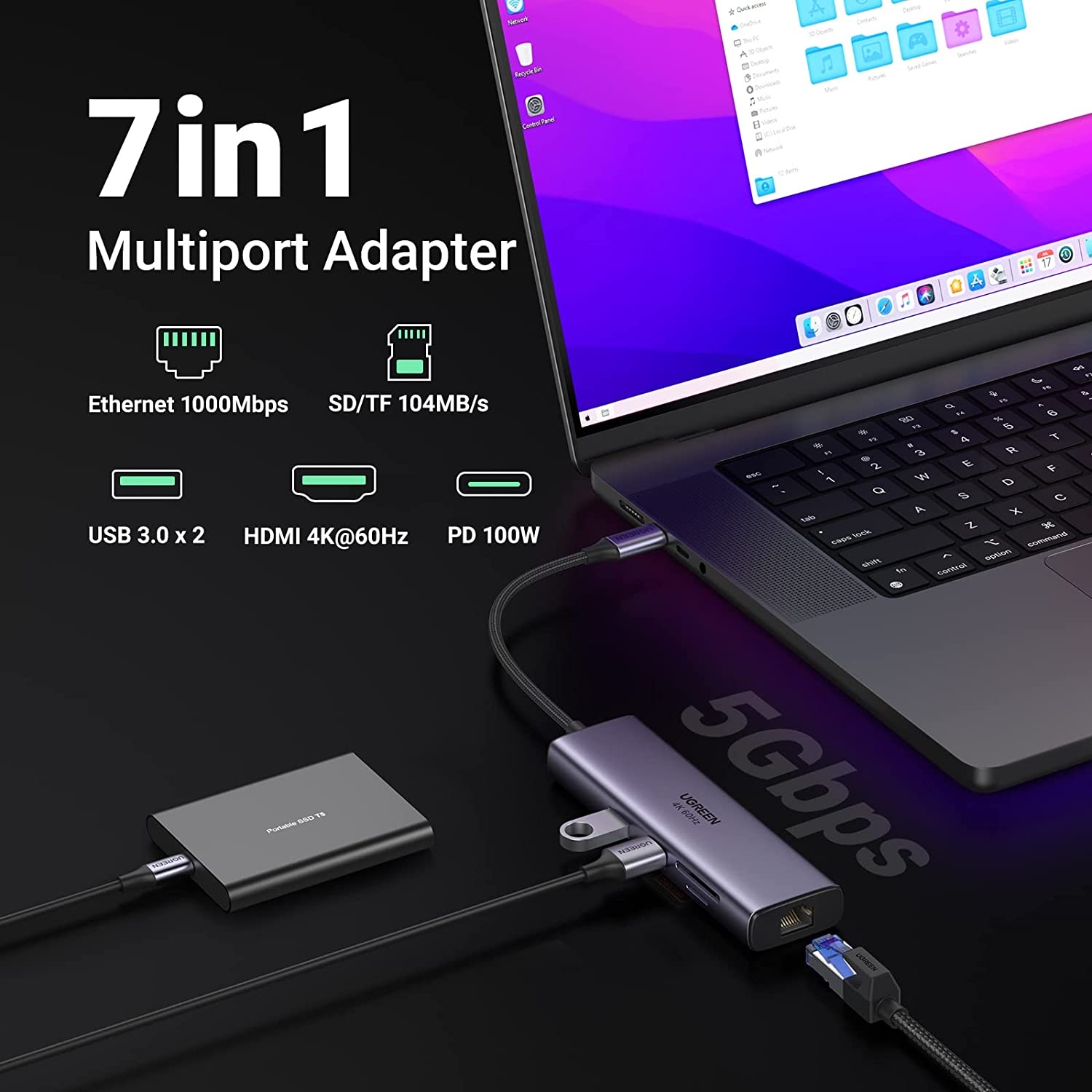 UGREEN 60515 USB-C to HDMI/Ethernet Adapter with Card Reader view 2