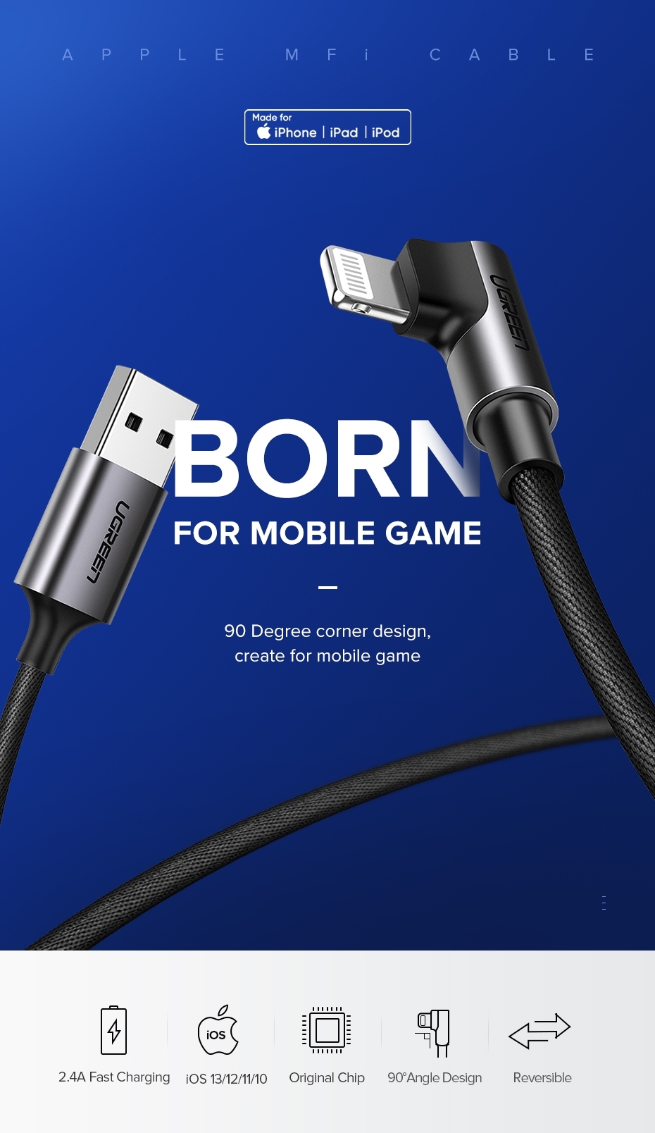 UGREEN 60521 USB-A to 8-pin 90 Degree Angel Cable 1M view 3