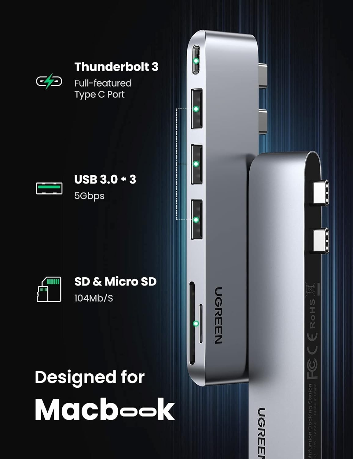 UGREEN 60560 USB-C Hub for MacBook Aluminum Type-C Adapter with 3 USB 3.0 100W view 3