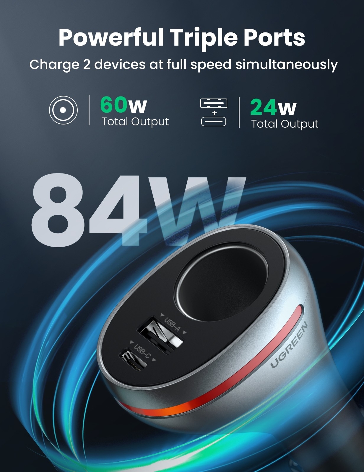 UGREEN 60712 84W Dual Port Car Charger (Space Grey) view 3