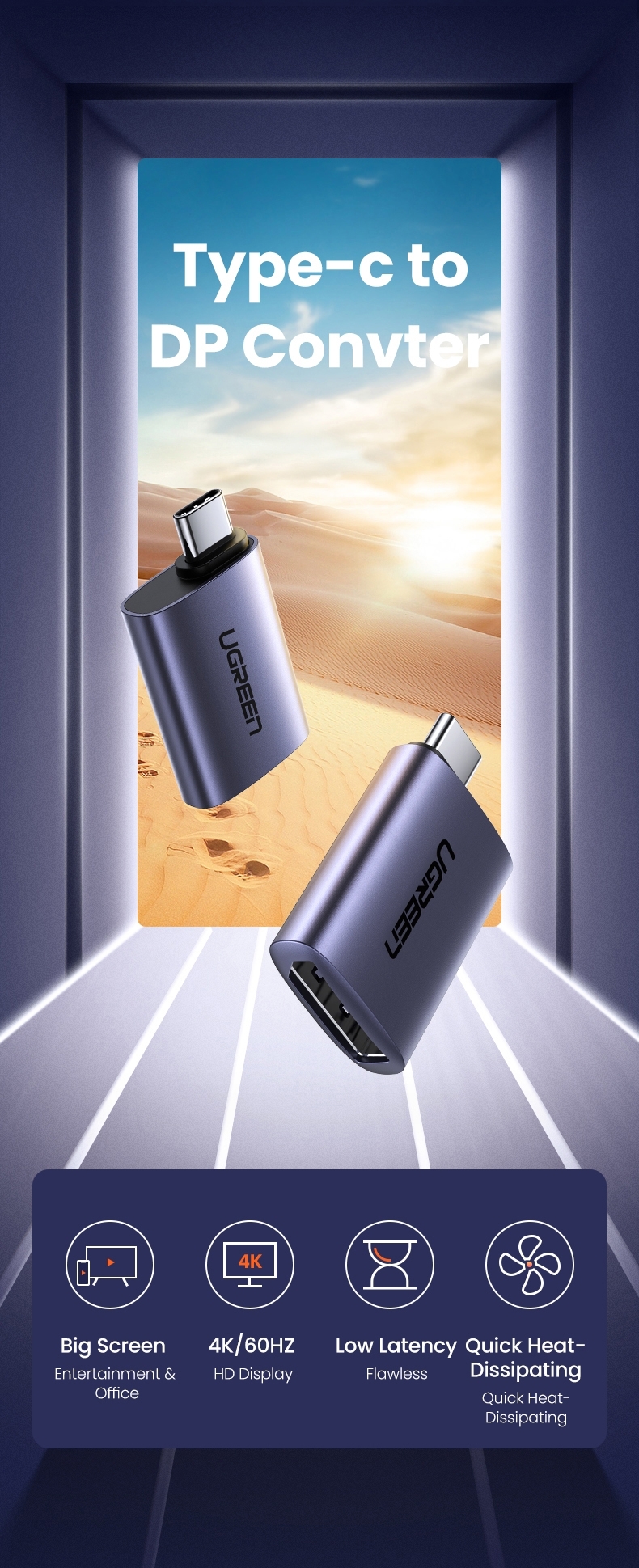 UGREEN 70451 USB-C Male to DP Female Adapter Aluminium Case 4K/2K 60Hz (Dark Gray) view 2