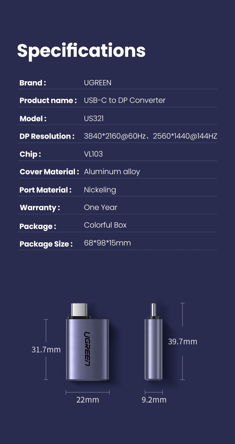 UGREEN 70451 USB-C Male to DP Female Adapter Aluminium Case 4K/2K 60Hz (Dark Gray) view 7