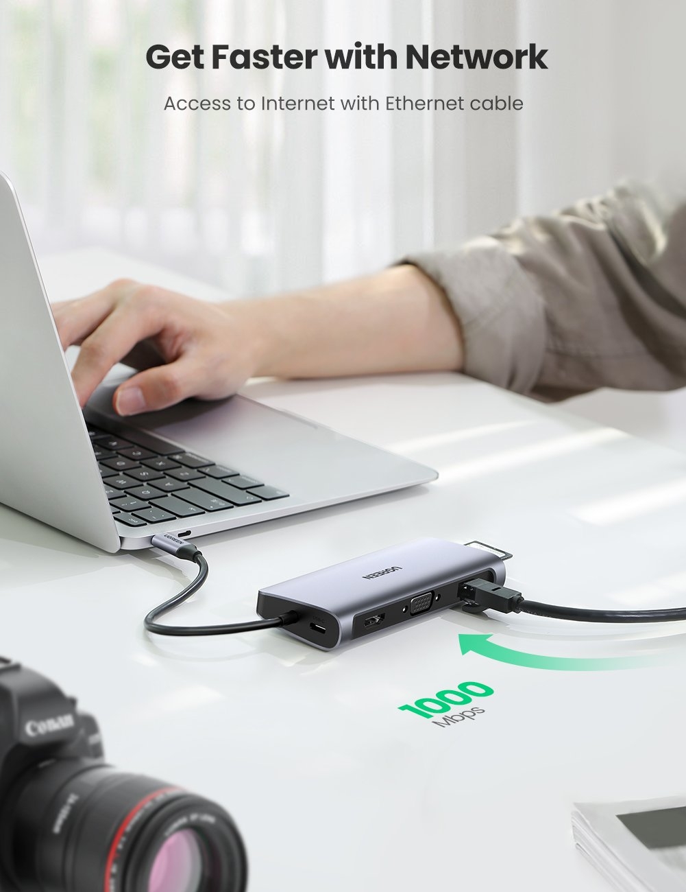 UGREEN USB-C To 3*USB 3.0 A+HDMI+VGA+RJ45 Gigabit+SD/TF+AUX3.5mm+PD Converter view 3