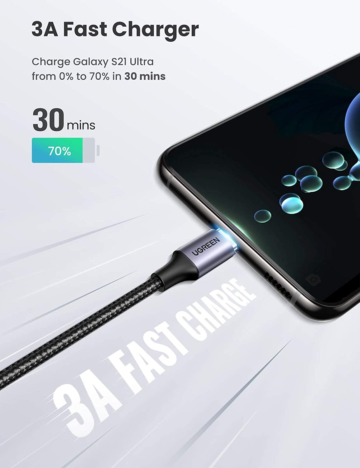 UGREEN 80714 USB-C 2.0 to Angle USB-C Cable Black 3M view 3