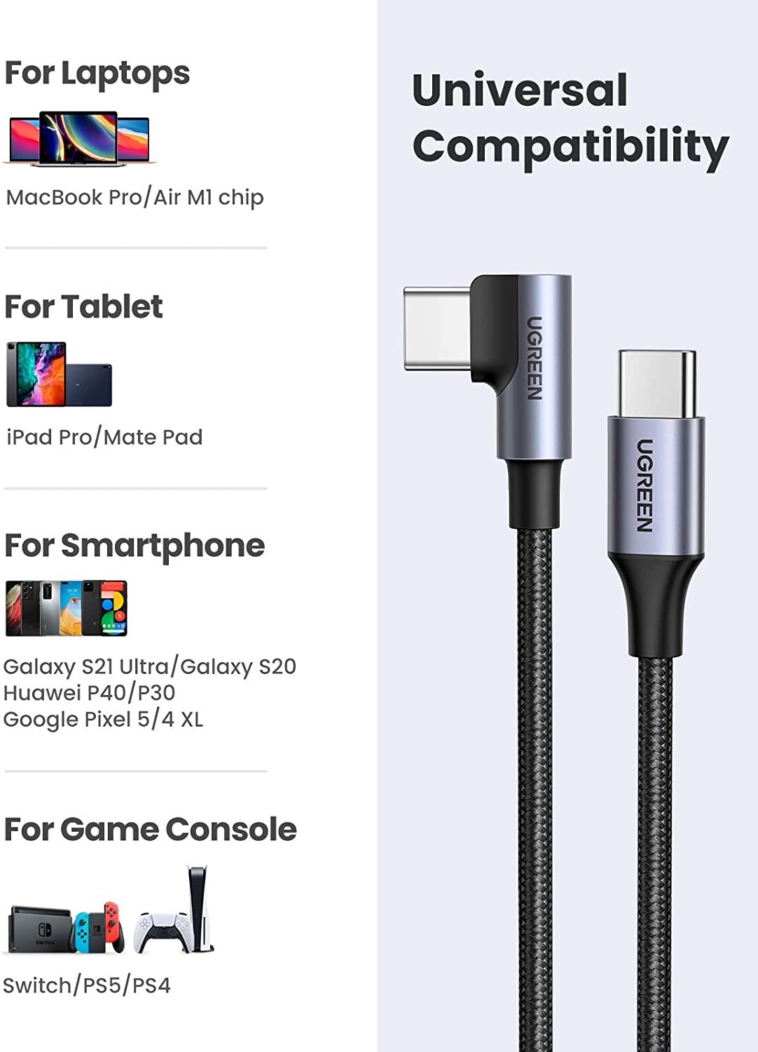 UGREEN 80714 USB-C 2.0 to Angle USB-C Cable Black 3M view 5