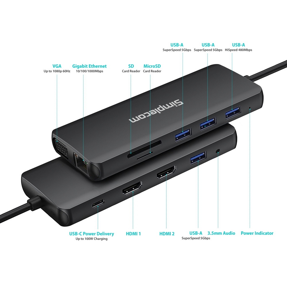 Simplecom CHN612 USB-C 12-in-1 Multiport Docking Station Dual HDMI + VGA view 4