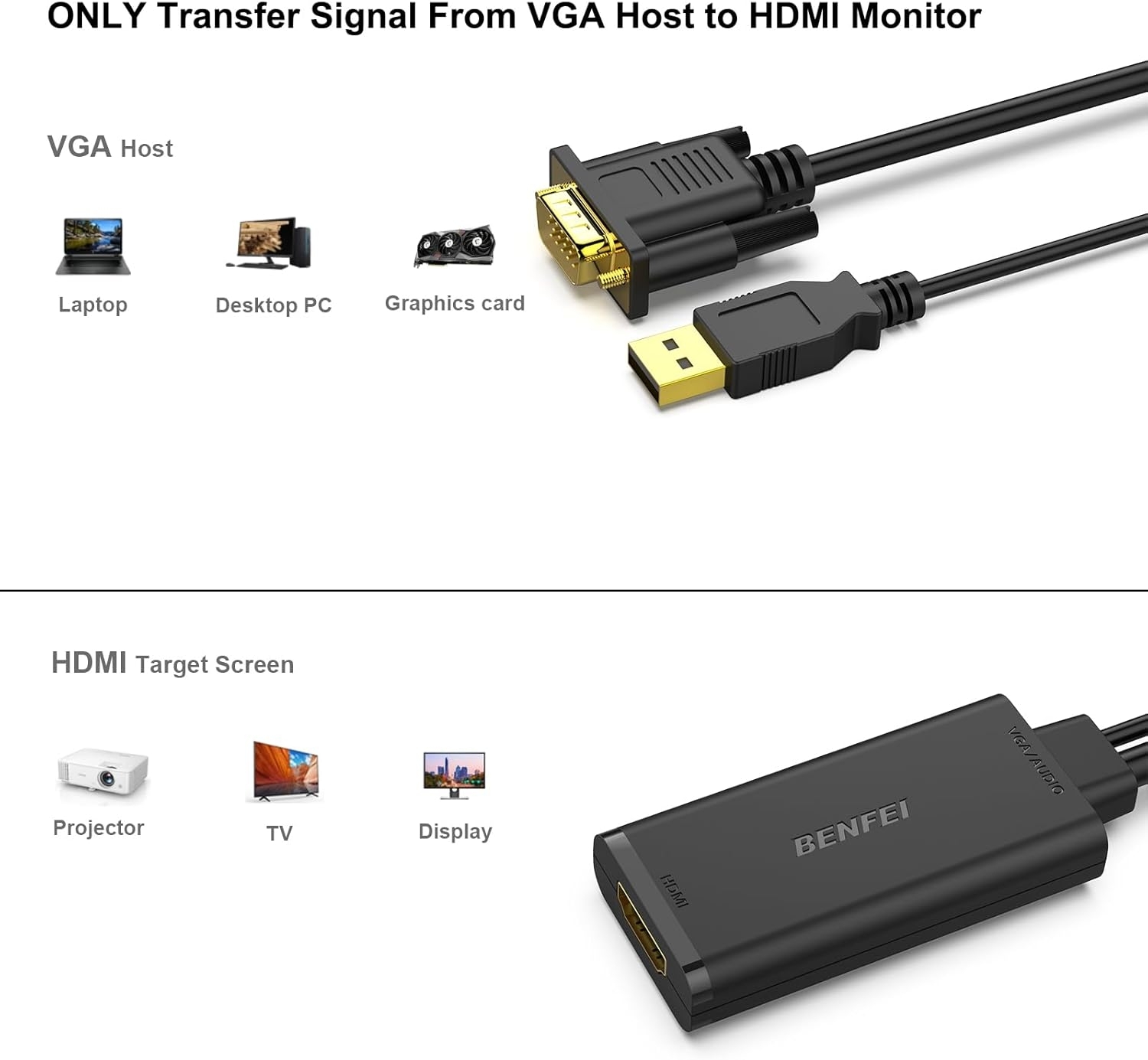 BENFEI 210BK VGA to HDMI Adapter with Audio Support and 1080P Resolution view 2