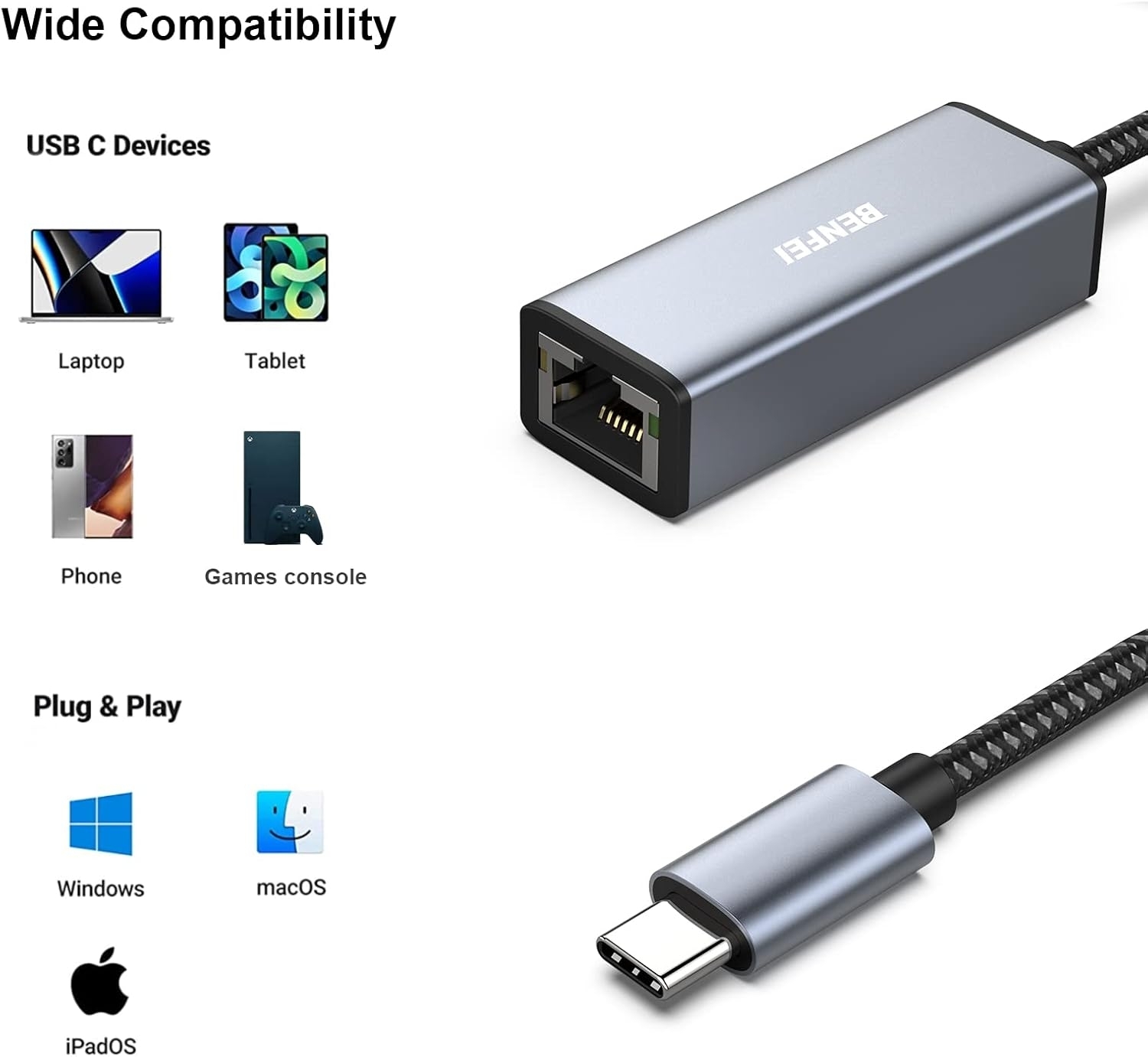 BENFEI USB-C to Ethernet Adapter (Thunderbolt 3 to RJ45) view 4