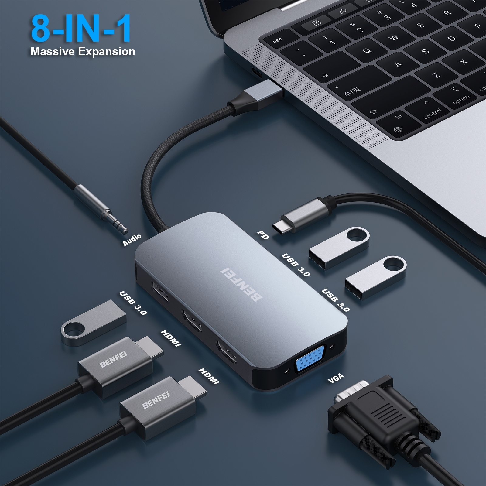 BENFEI 335GY USB-C Hub with Triple Display view 3