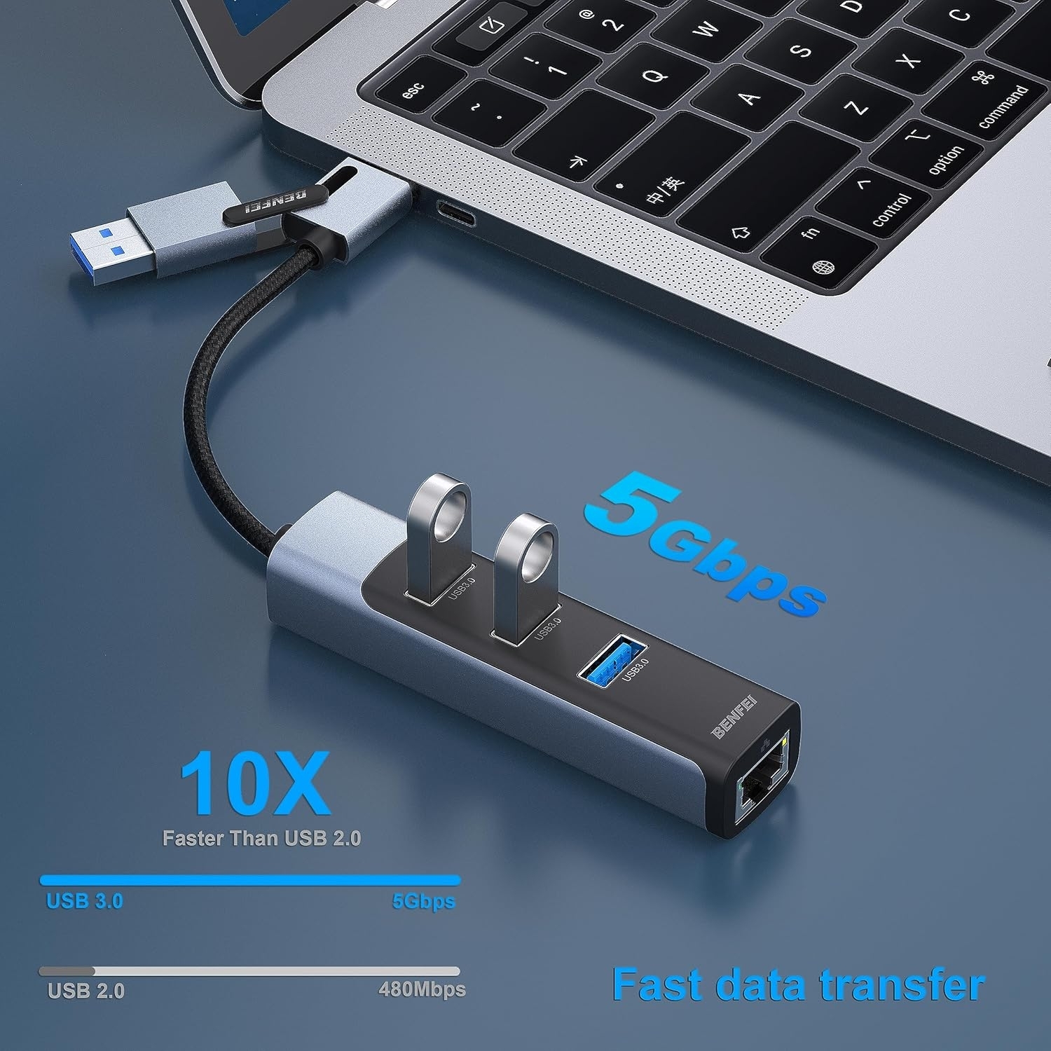 BENFEI 350GY 2-in-1 USB-C+USB 3.0 to RJ45 Gigabit Ethernet Port + 3-Port USB view 4