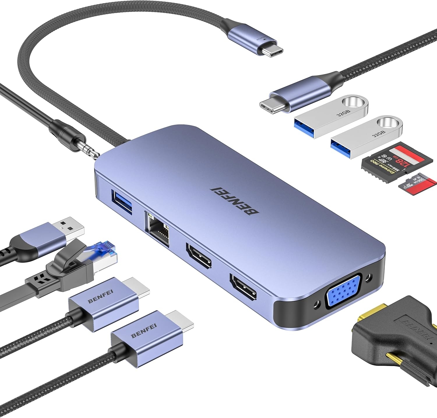 BENFEI 000359GY 11-in-1 USB C Hub Triple Display Docking Station Dual HDMI