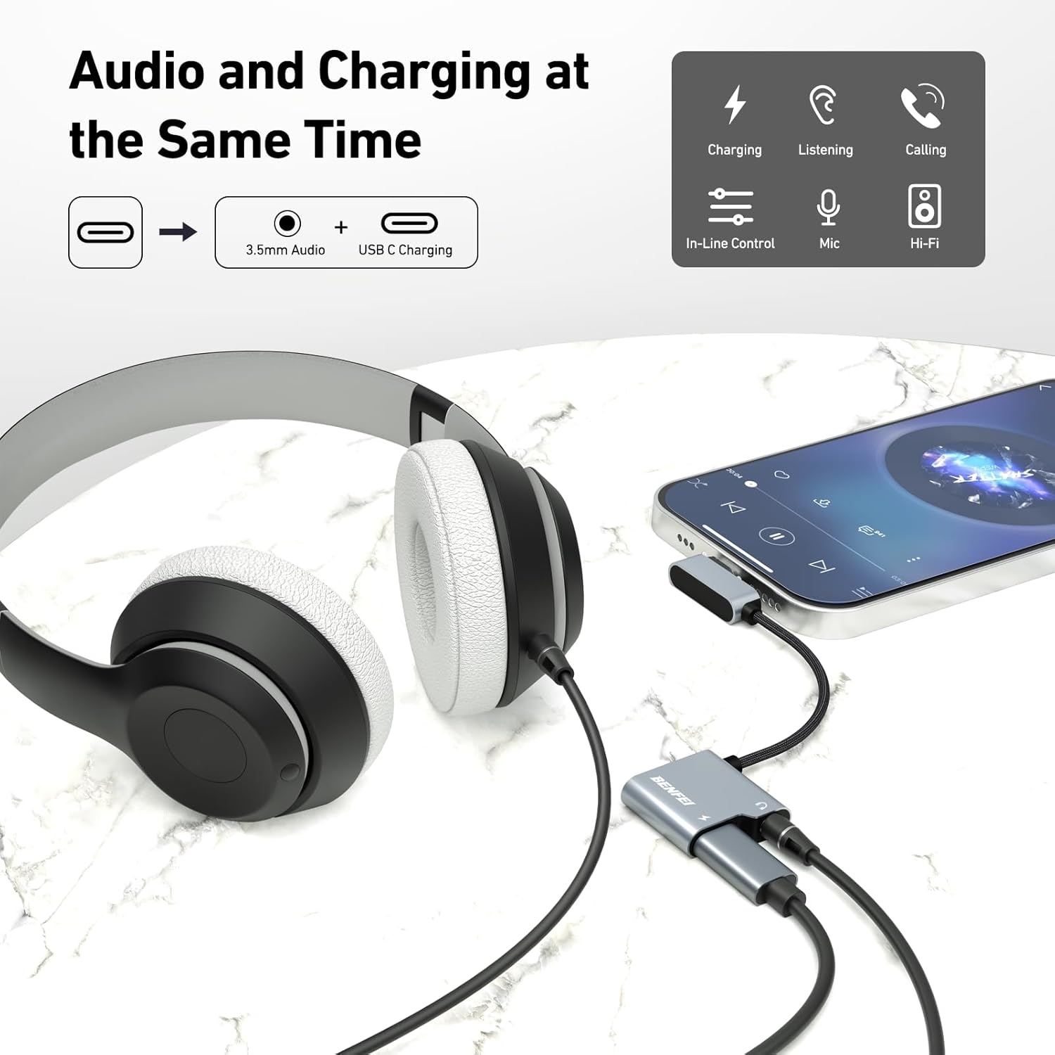 BENFEI USB C to Audio Jack Adapter with 60W Fast Charging view 2